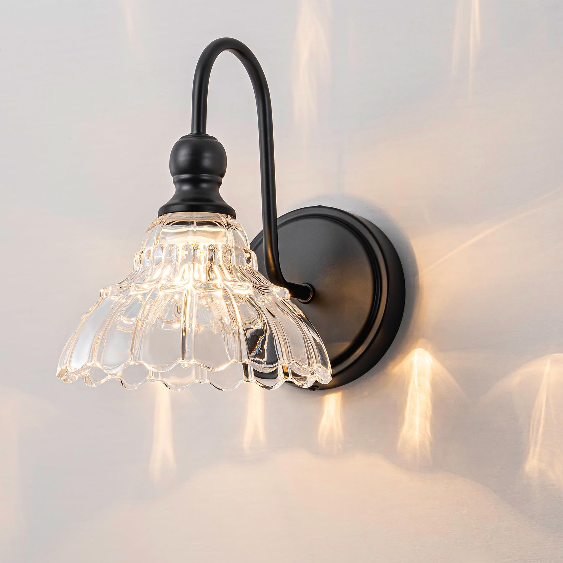 Brknit Vintage Bathroom Light Fixtures Over Mirror  1-Light Black Wall Sconce Lighting With Flower Glass Shade  Farmhouse Vanity Lights For Bedroom Kitchen Living Room Hallway Light
