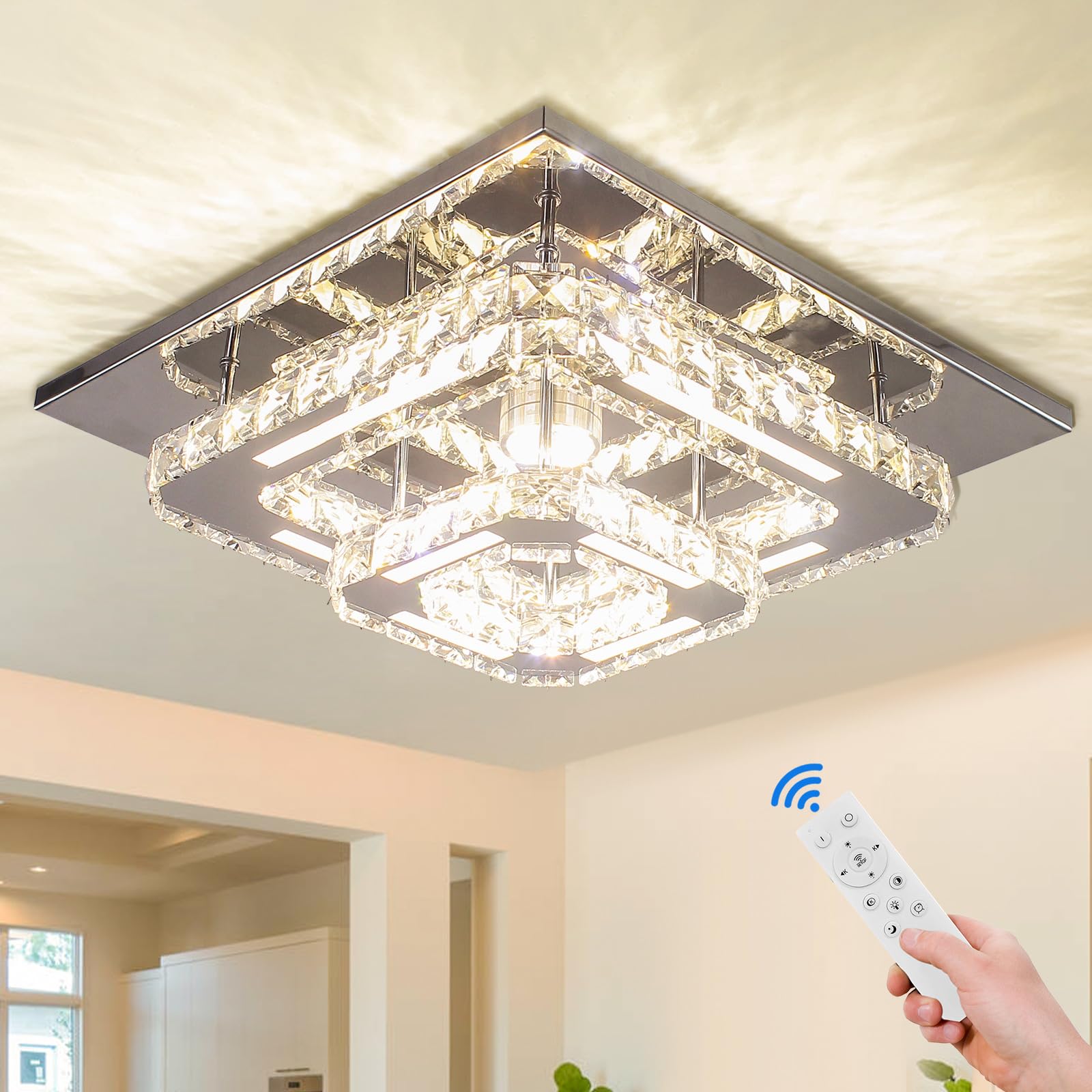 Cxgleaming Modern Crystal Chandelier - 12 Flush Mount Ceiling Light Fixture With Remote Control - Dimmable Led Chandelier For Bedrooms Living Rooms Closet Hallways Bathroom