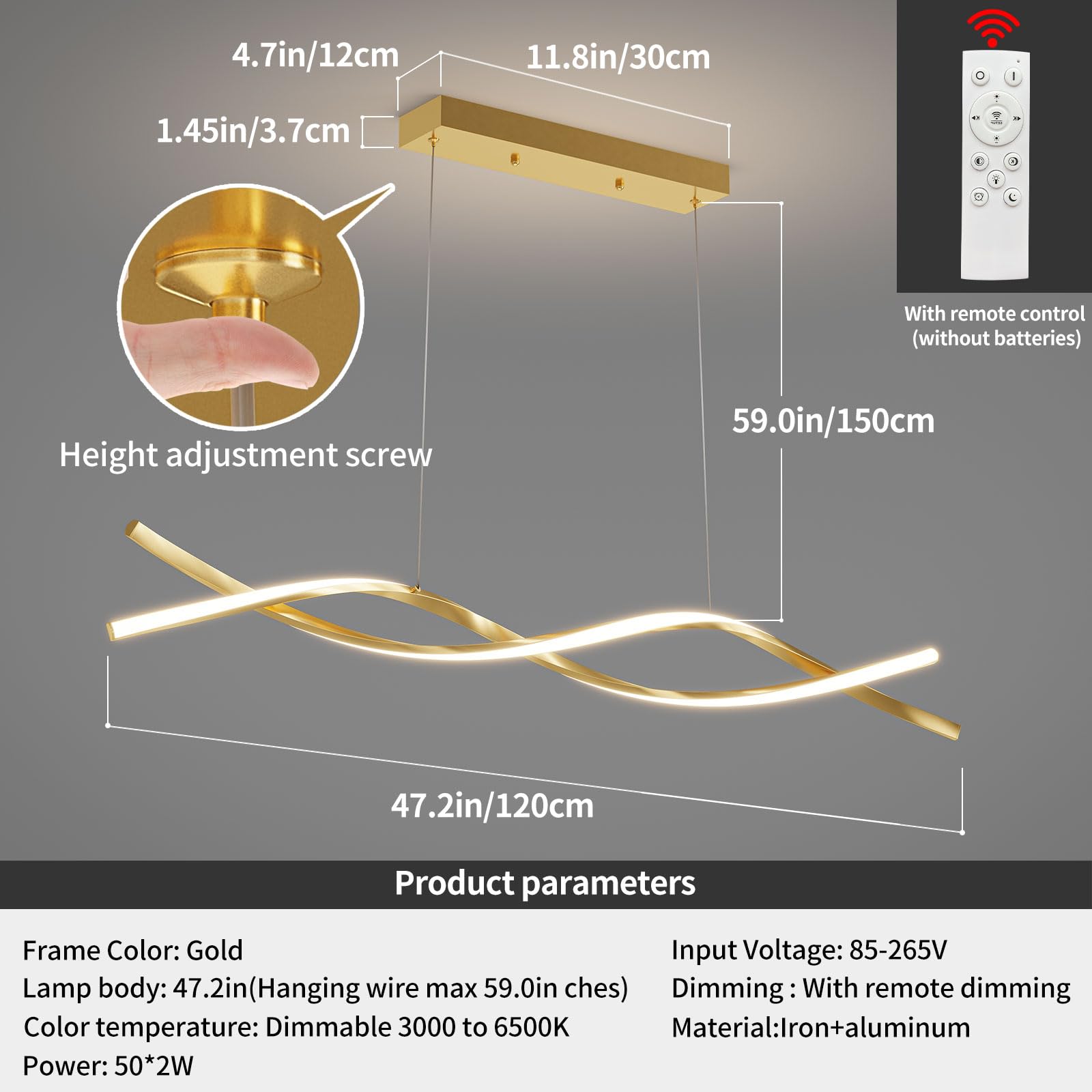 Matven Modern Ceiling Pendant Light, Dimmable 3 Color Modes, 47IN Aluminum, Gold, Model: Island Lights