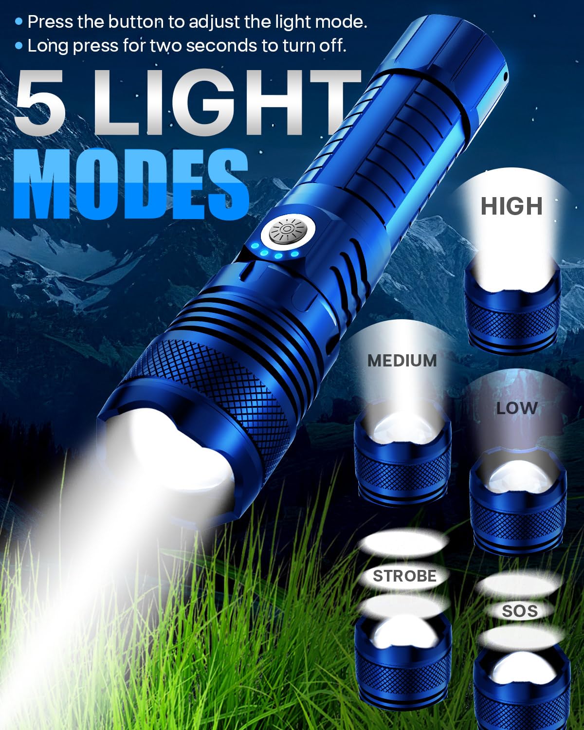 Victoper Blue LED Tactical Flashlight, Rechargeable, 5 Modes, Waterproof, P50 1 Pack