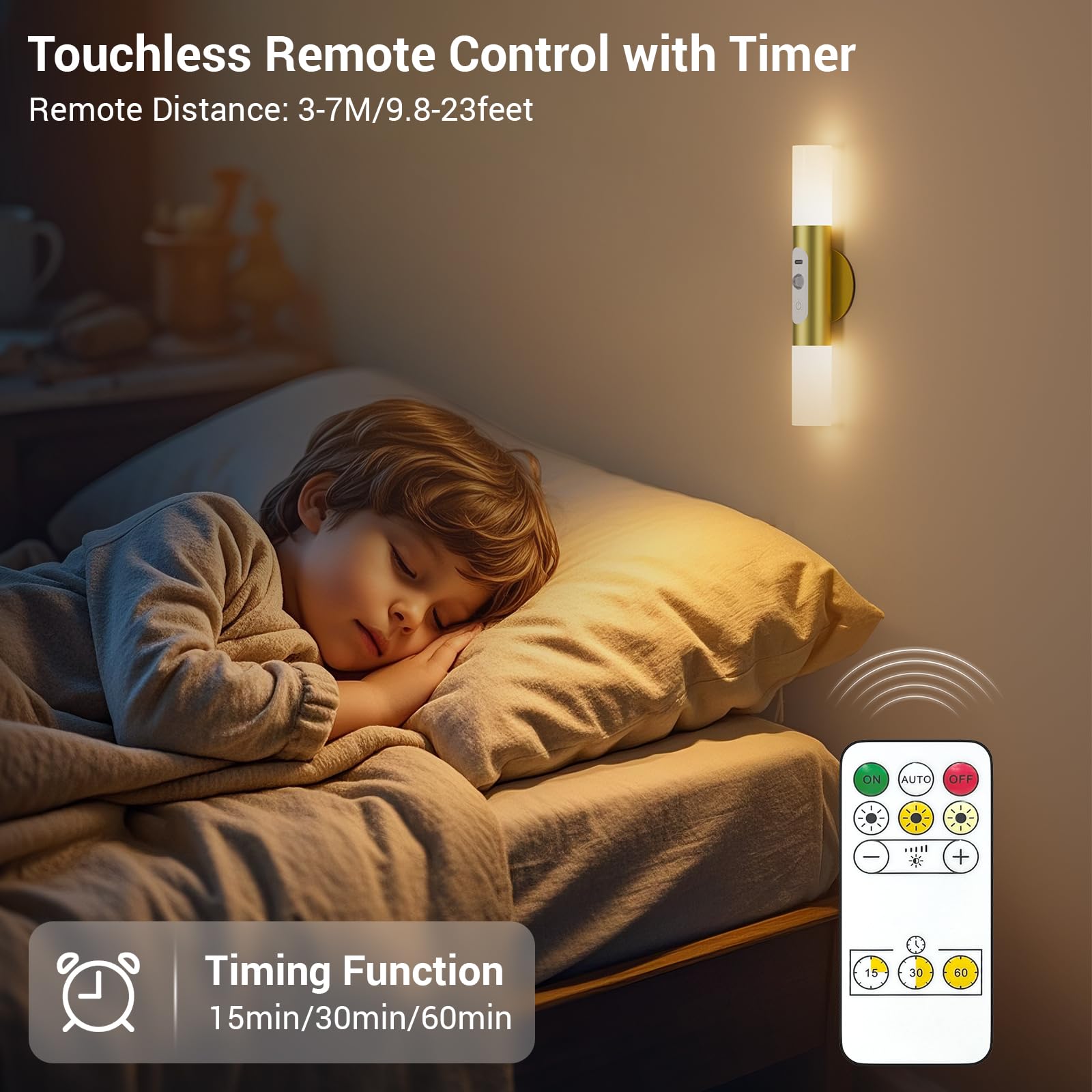 Hensam Motion Sensor Wall Sconces, LED Rechargeable, Remote Control, Gold, Set of 2, Model CL-K67-A-Gold-DE