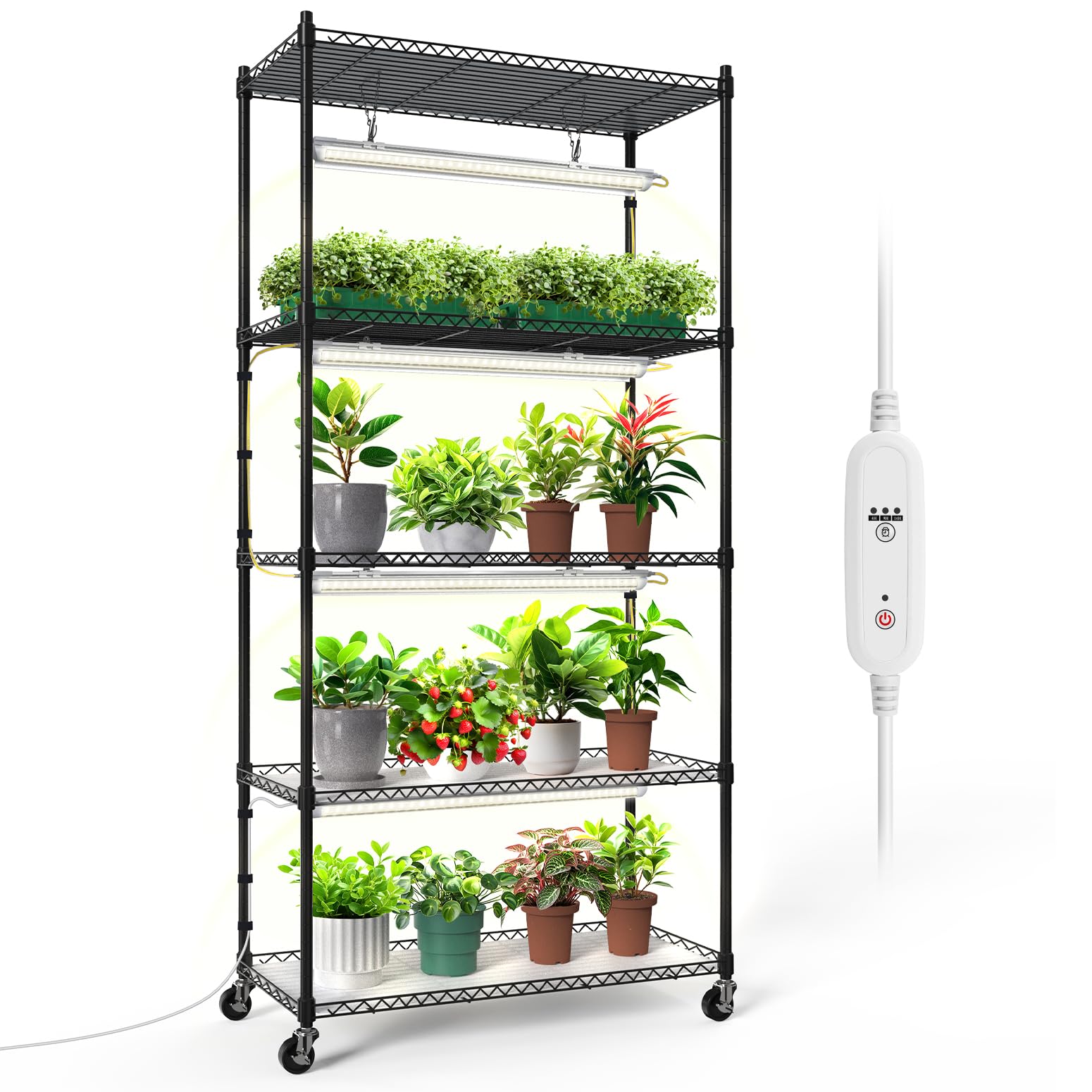 Bstrip 5-Tier Plant Shelf with Grow Lights, T8 24W Full Spectrum LED, 5000K, White, Model INW55660T652Jc, 29.