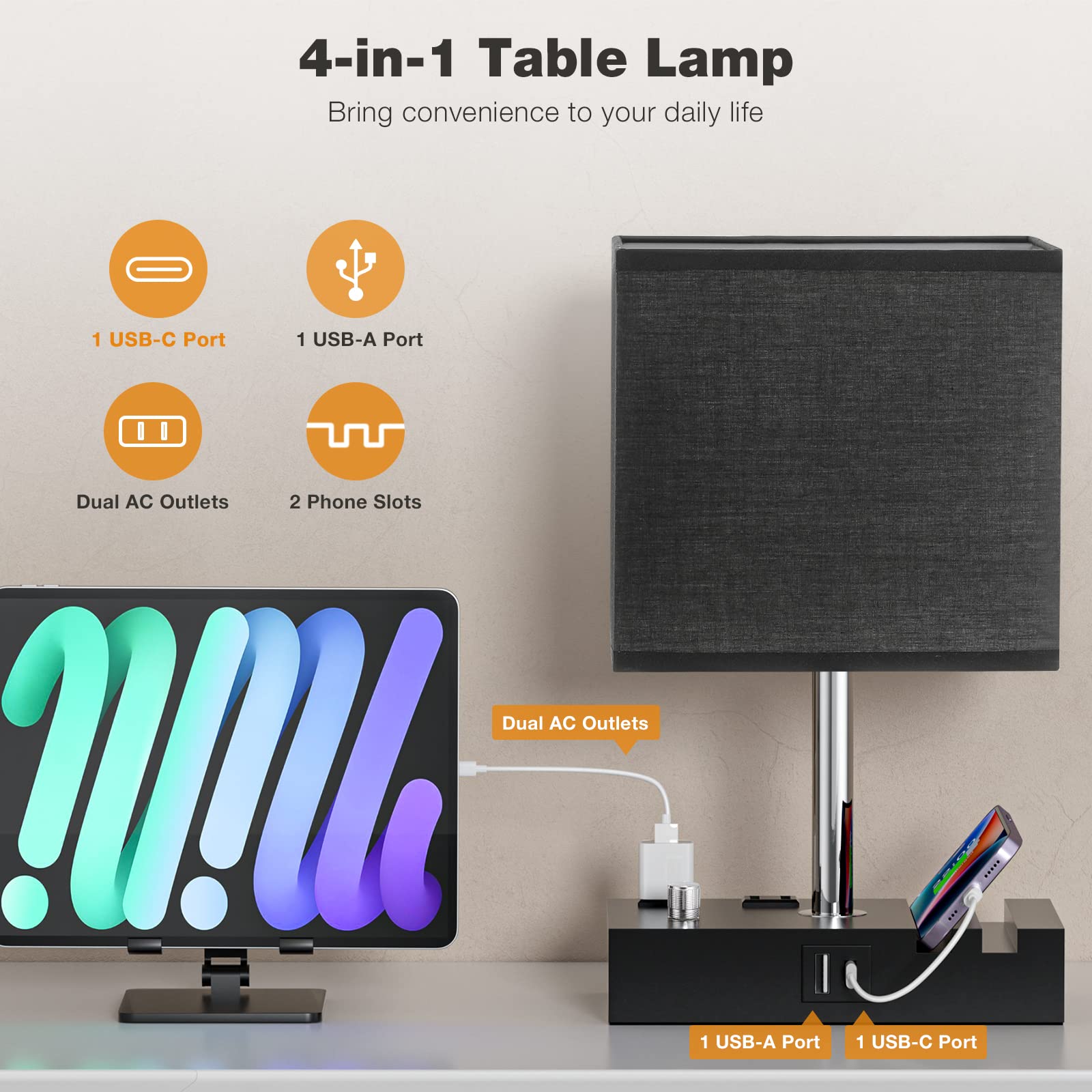 Kakanuo Bedside Lamps Set of 2, Fully Dimmable USB Table Lamps with Charging Ports, Black Lampshade for Bedroom and Living Room
