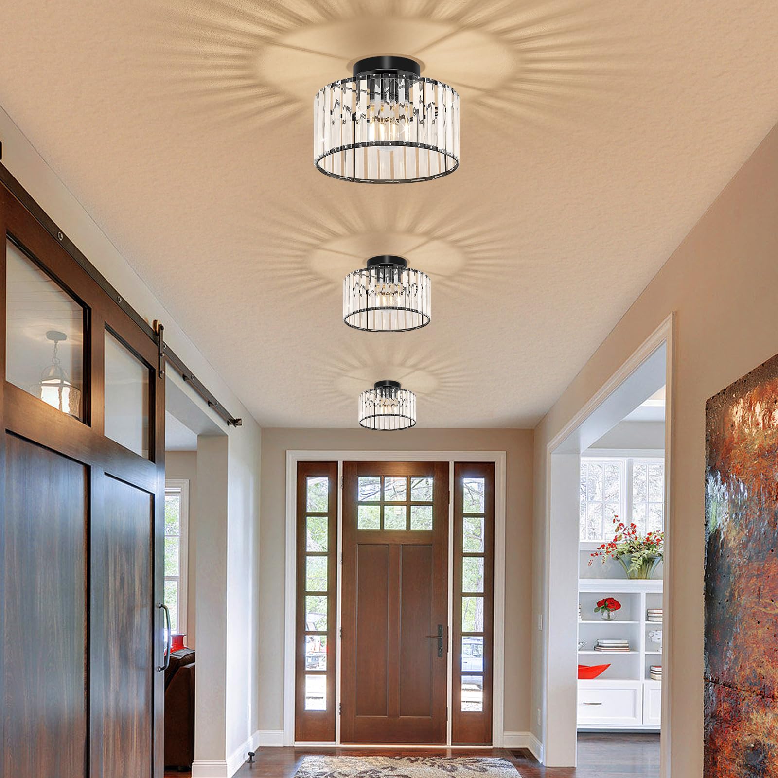 VIOLOEMI Modern Ceiling Light, Black Metal Crystal Fixture, 27CM Semi Flush Mount for Bathroom, Entryway, Bedroom, Kitchen, Living Room