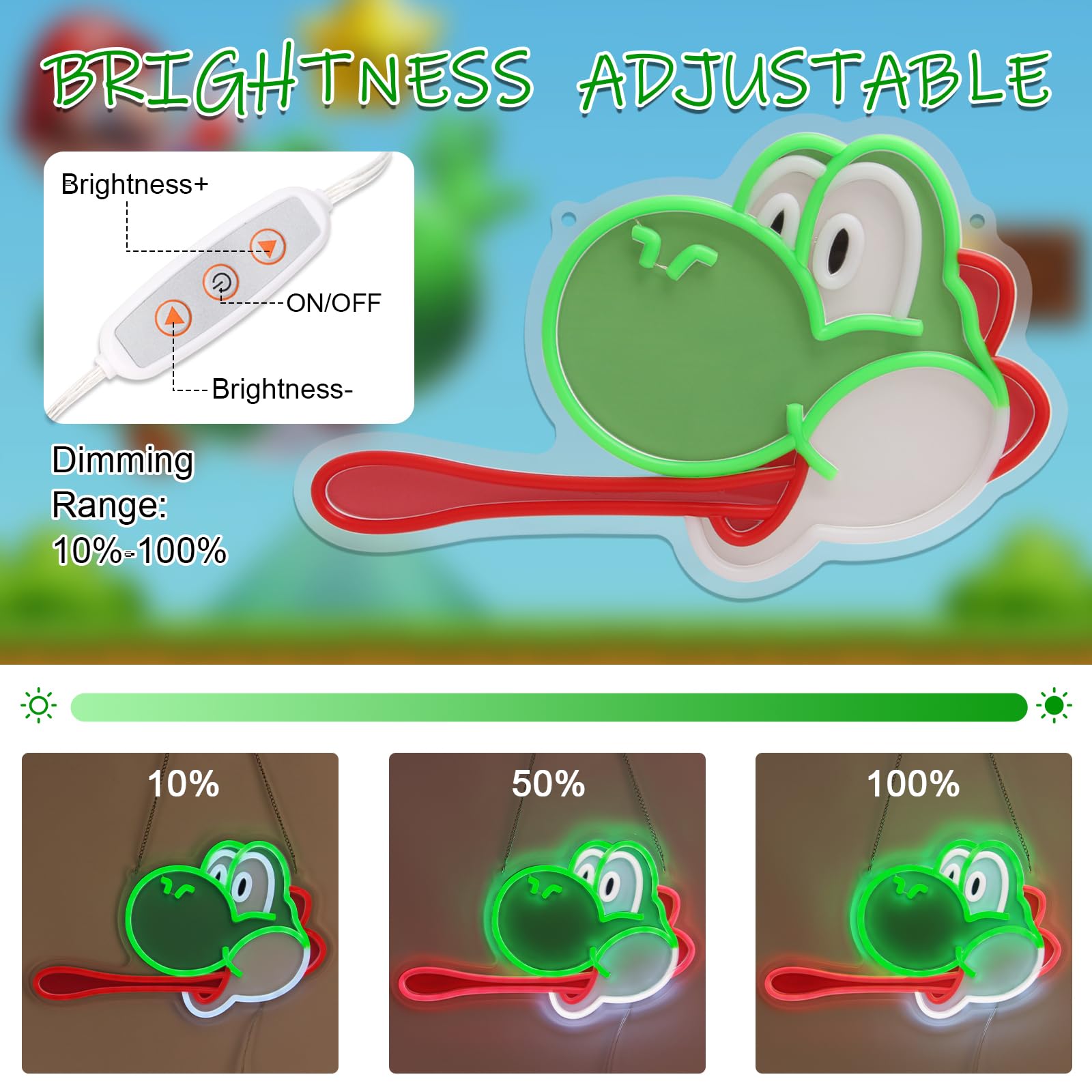 FRIFUN Mario Neon Sign LED Light 16in Acrylic Yoshi USB Powered with 10 Brightness Settings for Bedroom Wall Decor