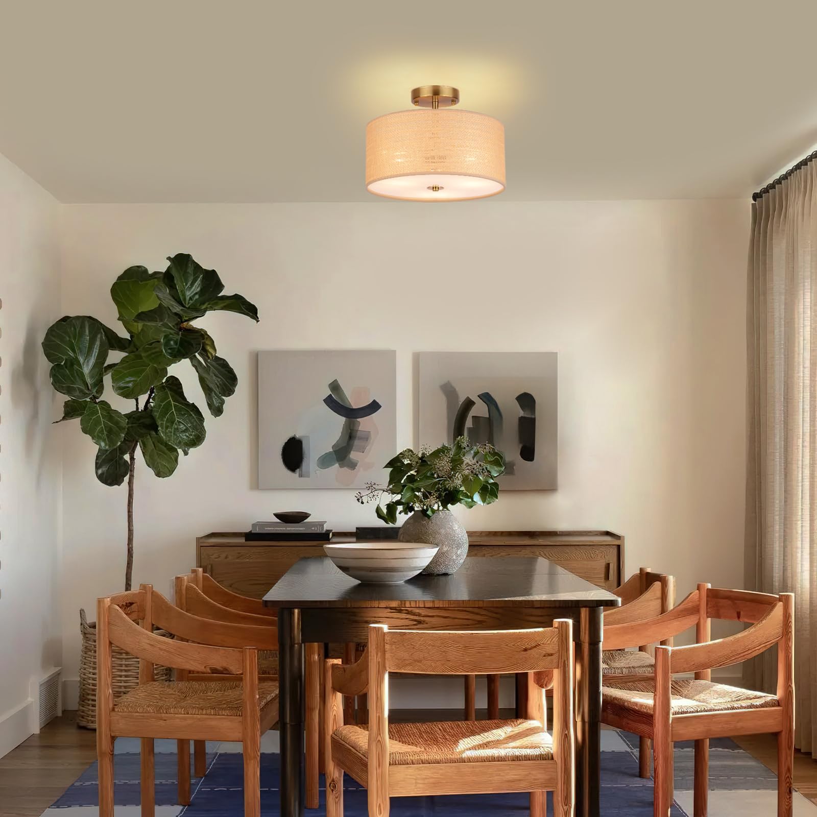 Clarsyne 13 Boho Woven Rattan Ceiling Light Fixture  3-Light Semi Flush Mount Modern Drum Lamp With Beige Fabric Shade  Rustic Lighting For Bedroom  Living Room  Dining Room  Hallway And Entryway