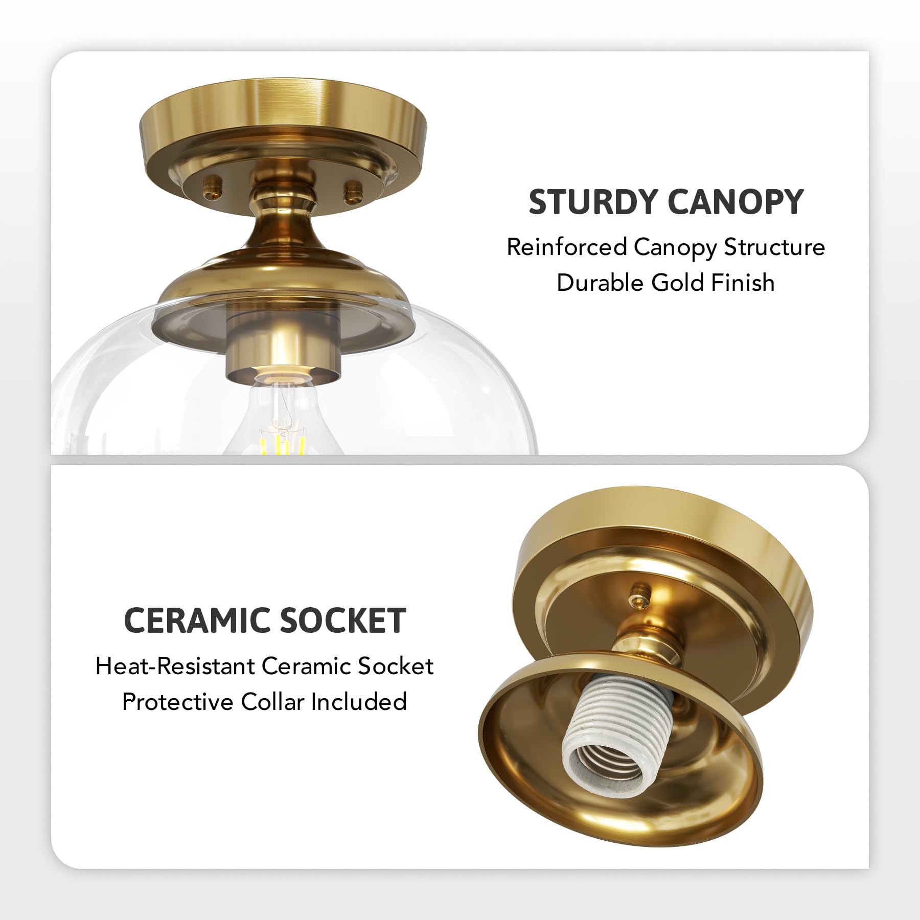 VONLUCE Industrial Semi Flush Mount Ceiling Light, 8.3in Metal Fixture, Clear Glass Shade, Brushed Gold, Model HCF-15M6-GD