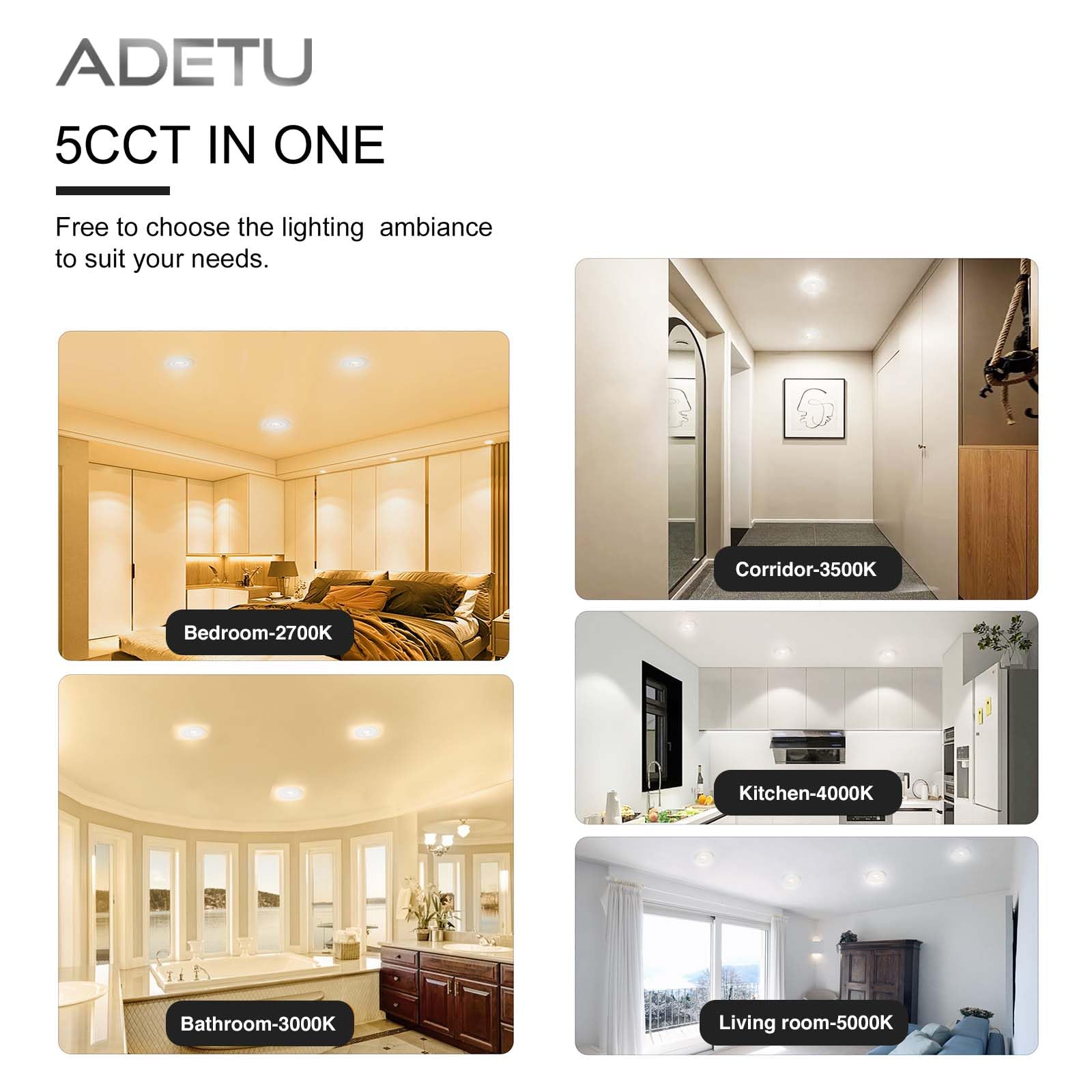 Adetu 6 Pack 4 Inch 5Cct Ultra-Thin Led Recessed Ceiling Light With Junction Box,Dimmable Canless Wafer Downlight,2700K-5000K Se