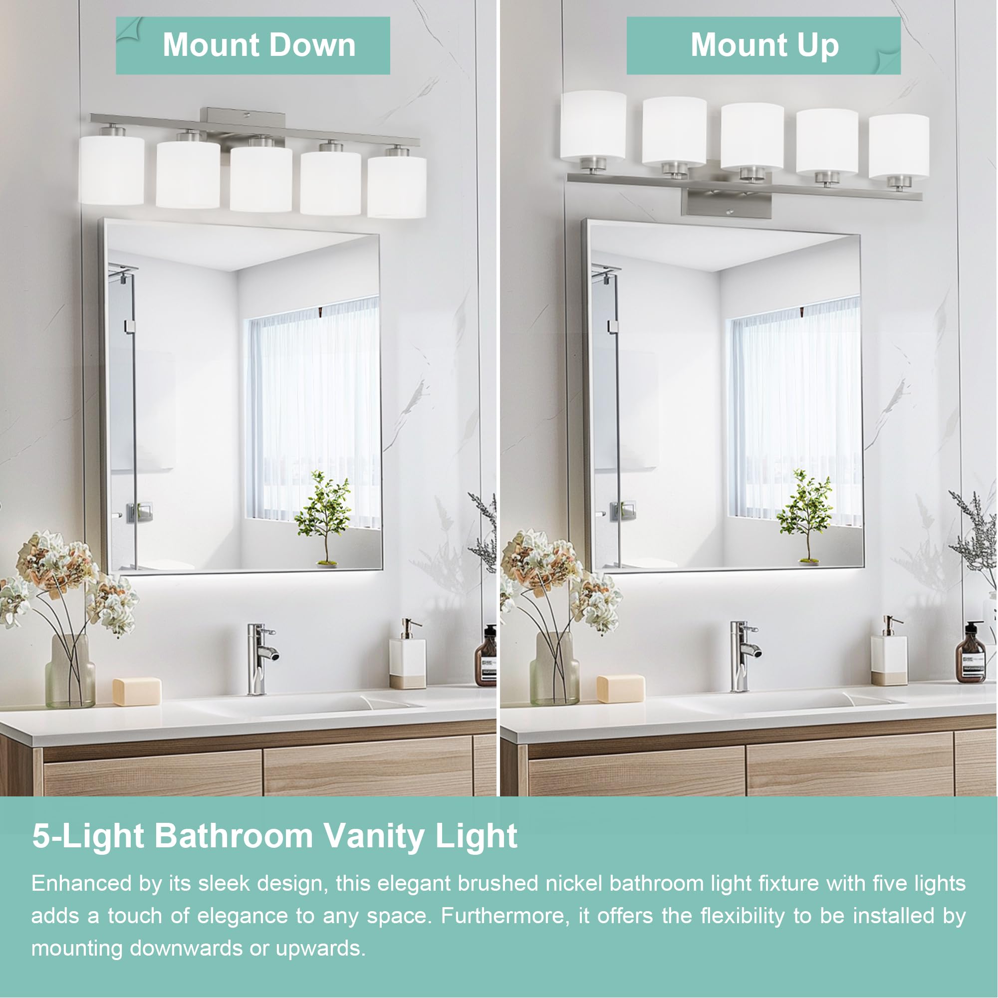 Honesorn 5-Light Bathroom Vanity Light Fixtures, Brushed Nickel, Modern Design with Frosted Shade, E26 Base