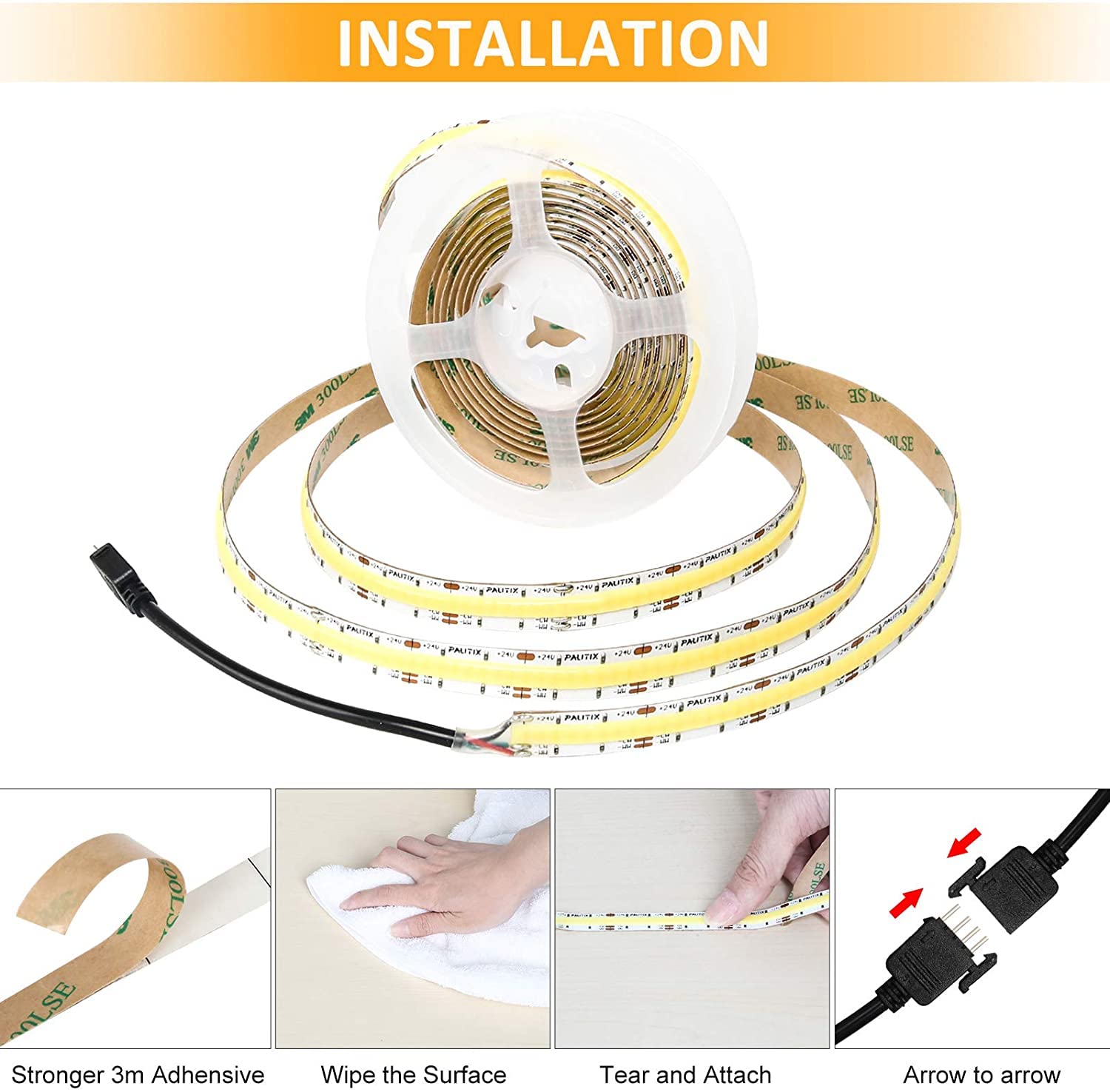 PAUTIX COB LED Strip Light 32.8ft Dimmable 2700K-6500K CRI90+ Model S640F010W24-COB-CCT-10
