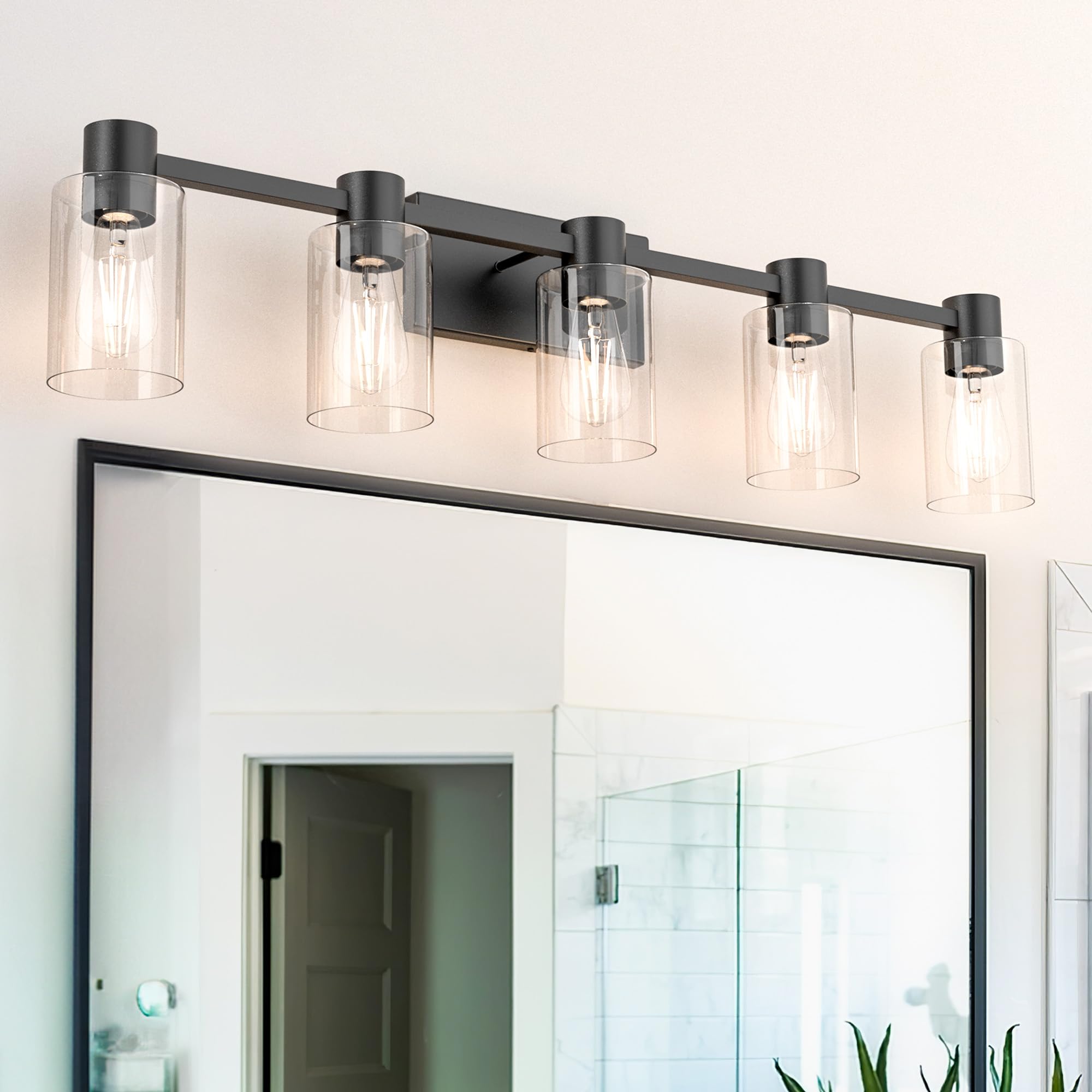 Esfos 5-Light Modern Vanity Light Fixtures Over Mirror, Matte Black Bathroom Light Fixtures, Vanity Lights, Wall Sconce With Clear Glass Shade For Bathroom, E26 Base