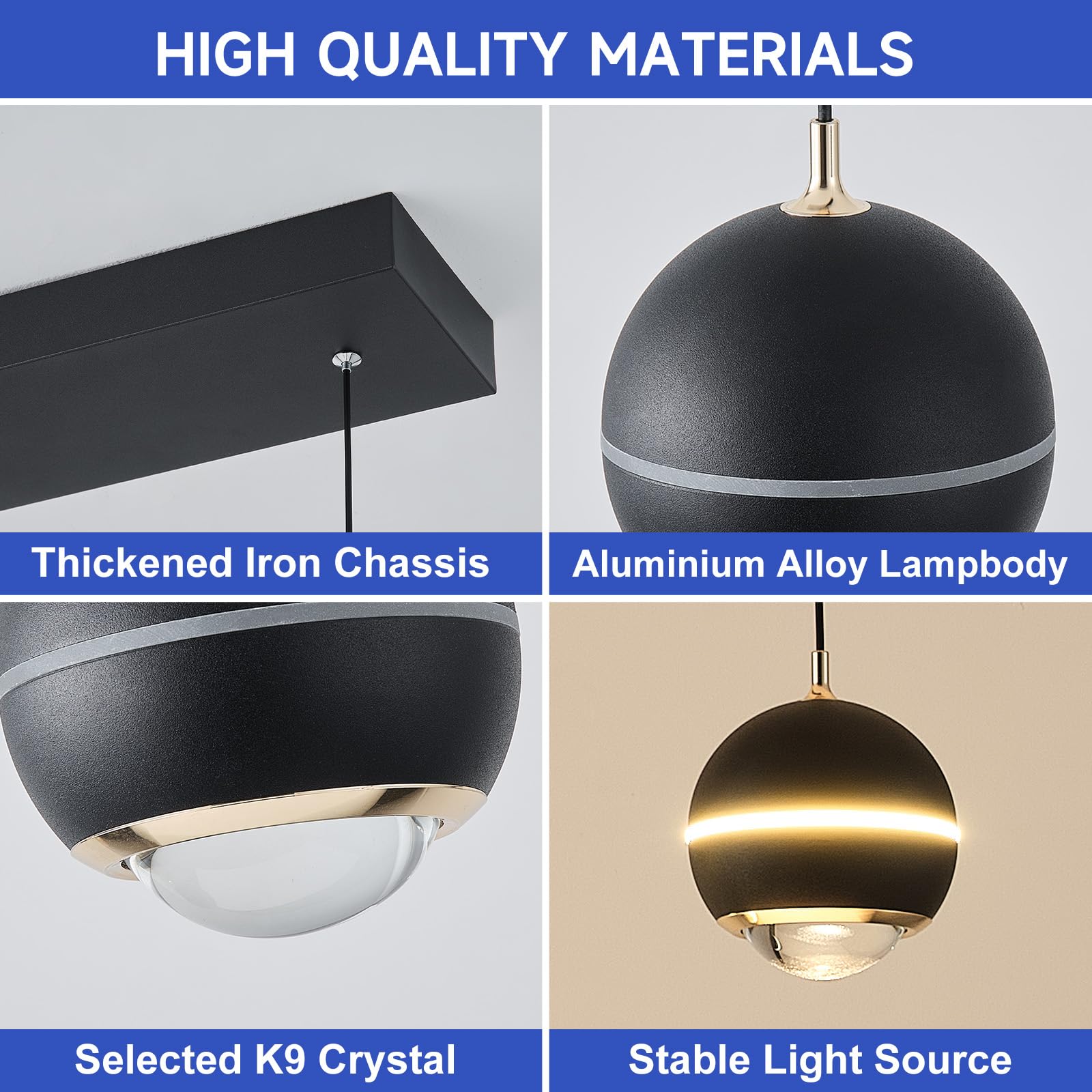 ORANOOR Modern LED Pendant Light, 36in Dimmable Crystal Globe Chandelier, Black & Gold, Model 8417, Wrought Iron for Dining Room