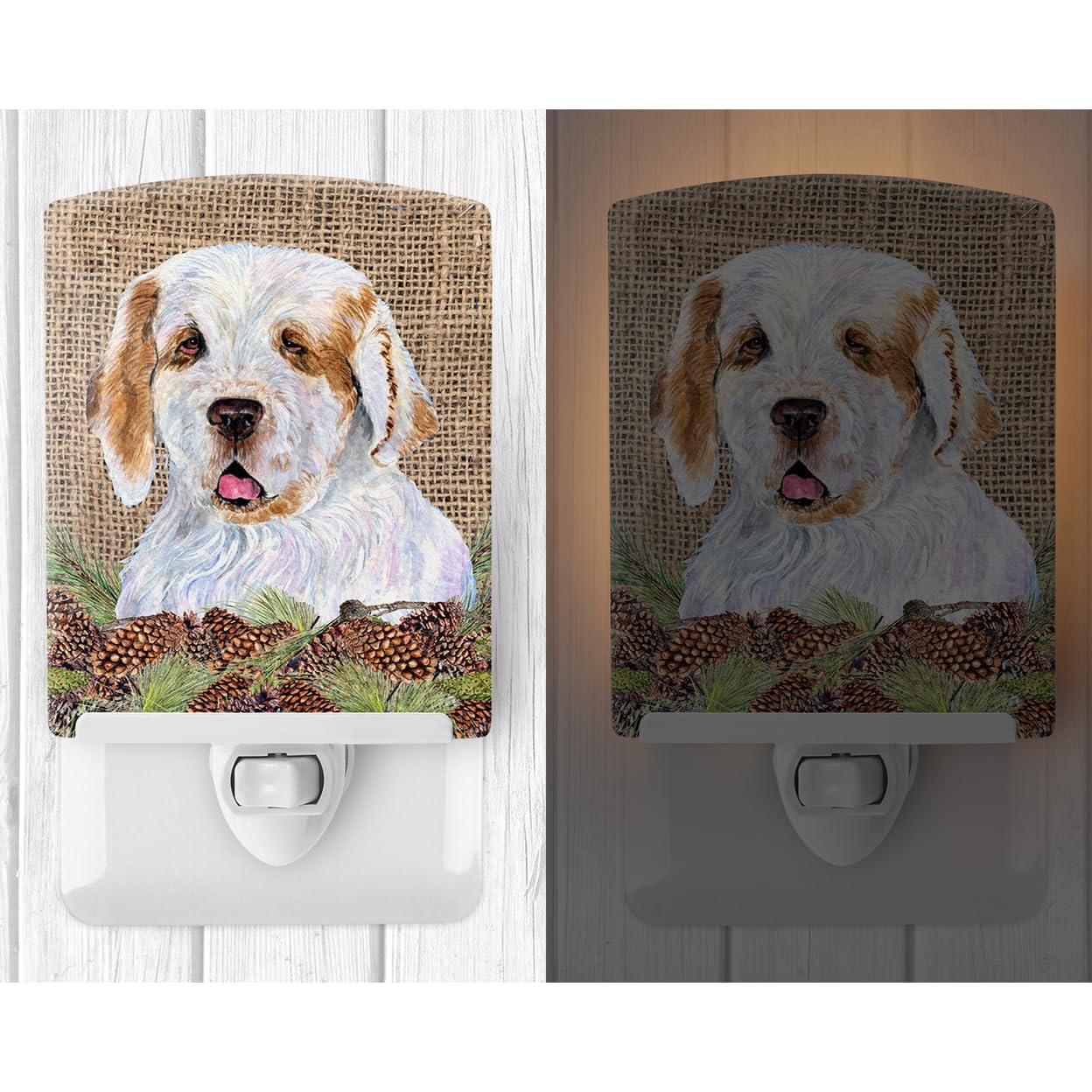 Caroline'S Treasures Ss4089Cnl Clumber Spaniel On Faux Burlap With Pine Cones Ceramic Night Light Compact, Ul-Certified, Ideal For Bedroom, Bathroom, Nursery, Hallway, Kitchen, 6X4X3, Multicolor