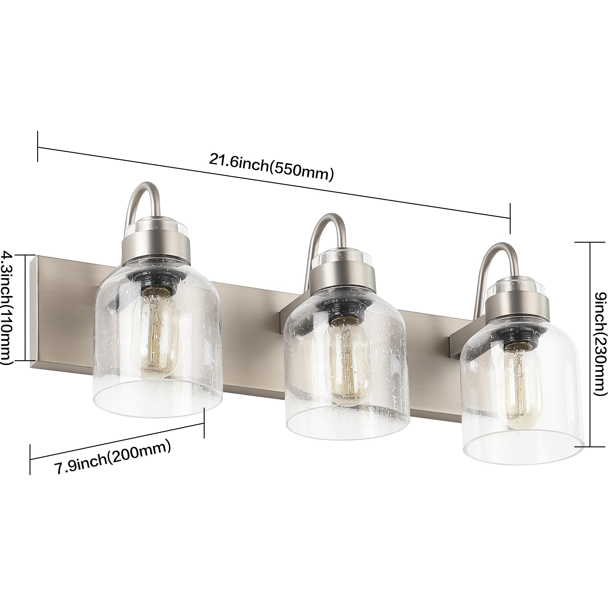 PRESDE 3-Light Bathroom Vanity Light Fixtures Brushed Nickel with Bubble Glass Shades