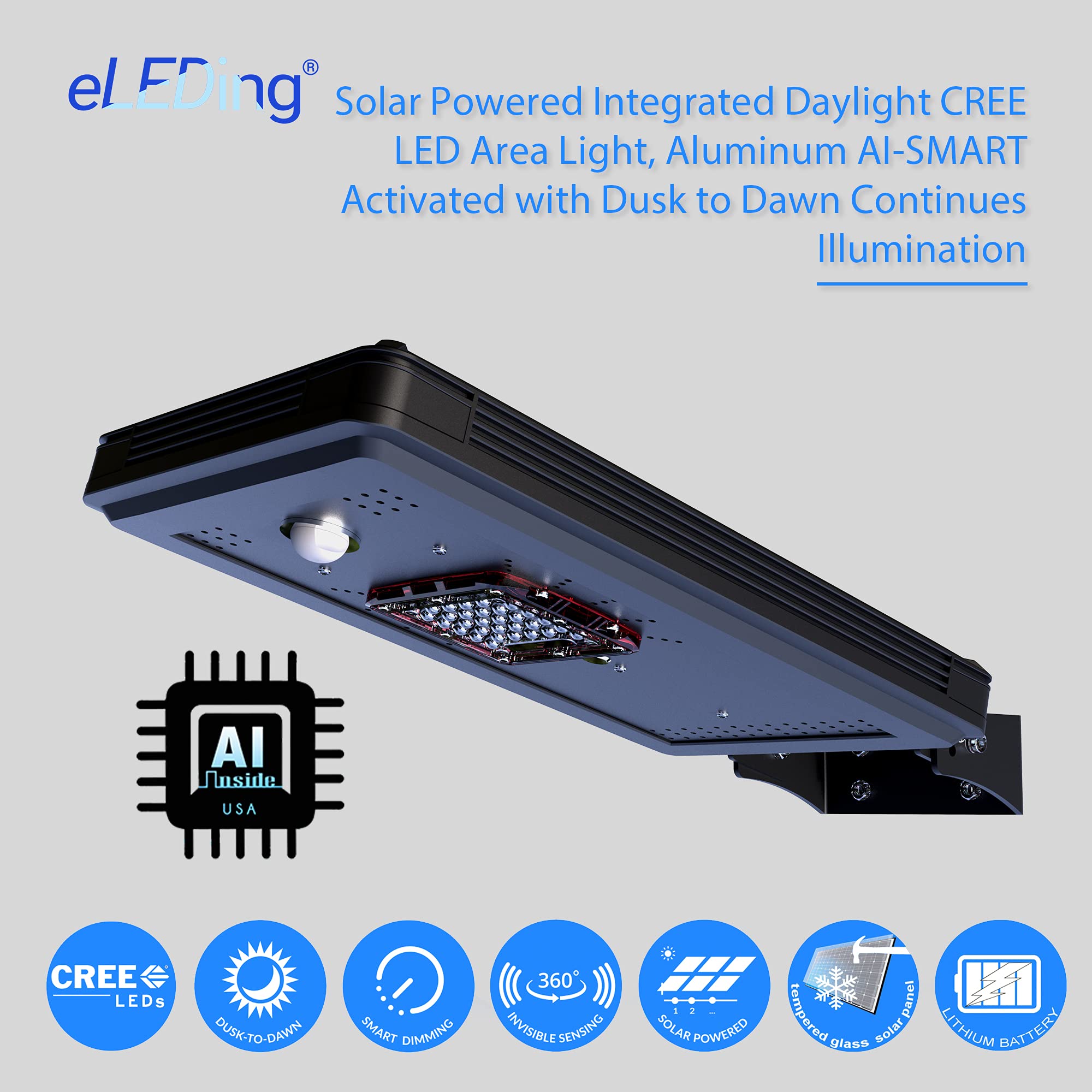 Eleding Solar Power Dusk To Dawn Led Light, 1600 Lumen, Ai-Smart Sensing, Aluminum