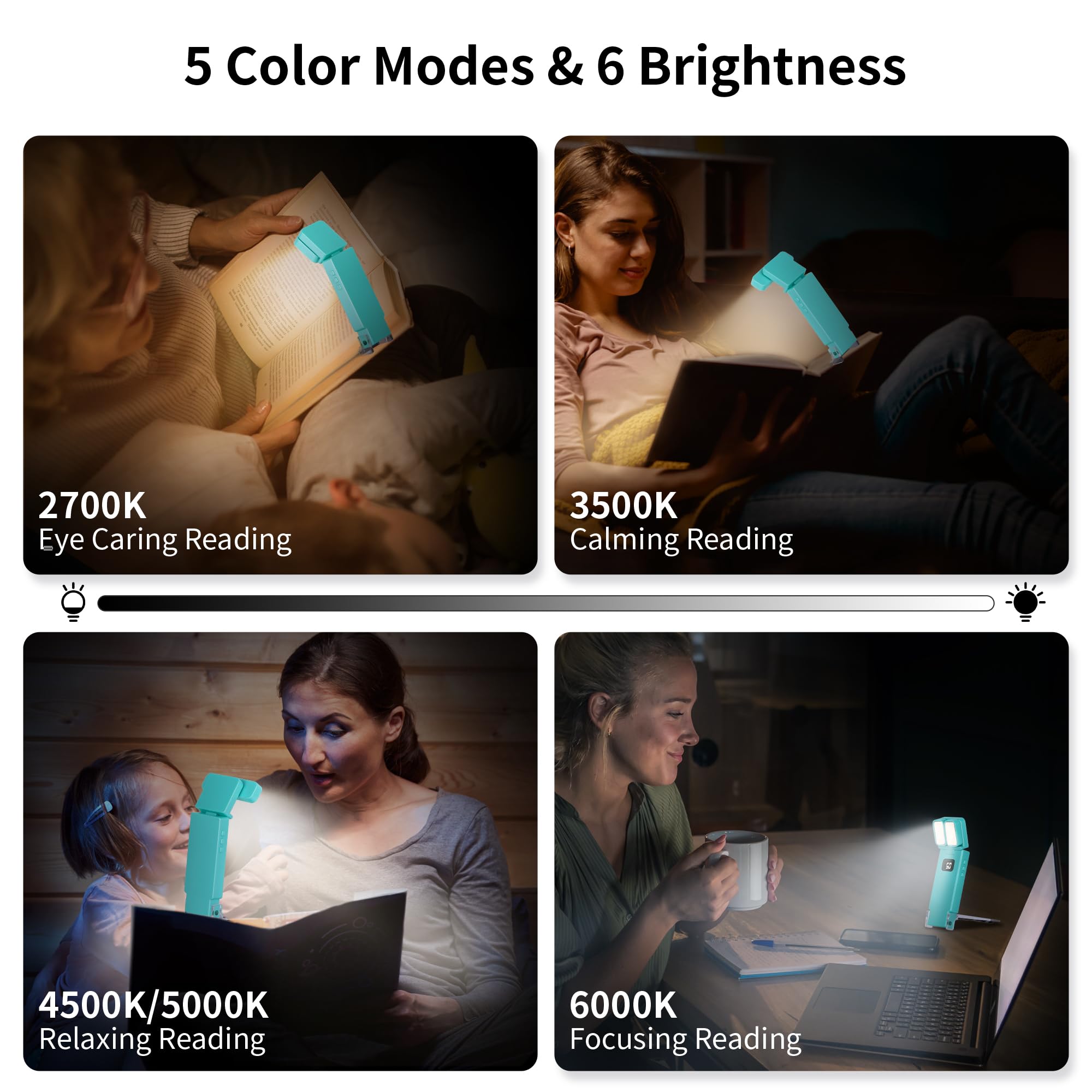 Dott Arts Dual-Head LED Book Light, Rechargeable, 5 Colors, 6 Brightness Levels, Timer Function, Cyan, Model WLM123-BLA-1W-05