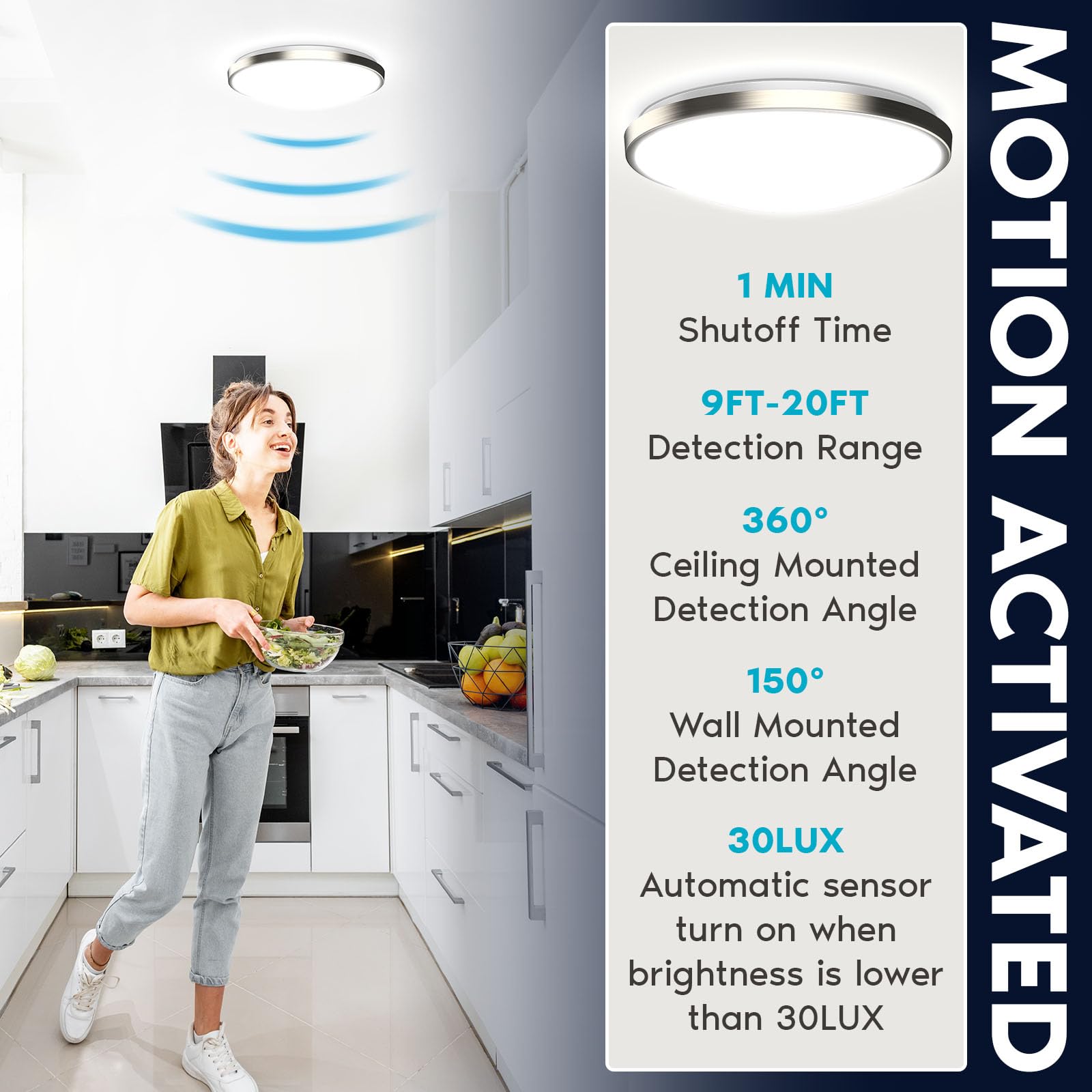 LUXRITE Motion Sensor LED Ceiling Light, 15 Inch, 24W, 1800LM, Brushed Nickel, ETL Listed, Model LR23344