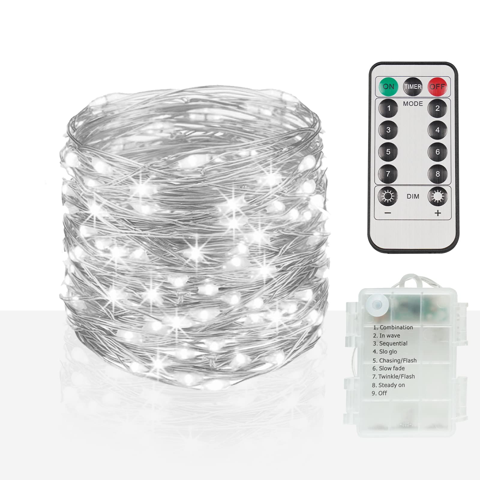 suddus 66ft 200 LED Outdoor String Lights, White Fairy Lights Battery Operated with Remote, Led Twinkle Lights for Bedroom, Wrea