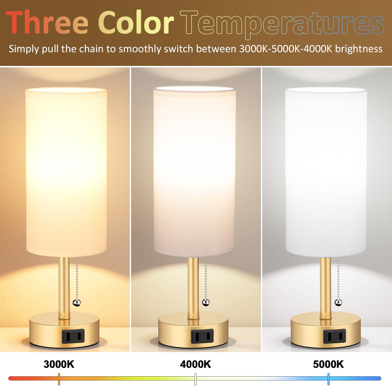 Fenmzee Gold Bedside Table Lamps Set of 2 with AC Outlet, 14.0in Pull Chain, 3 Color Temperatures for Bedroom, Office, Living Room