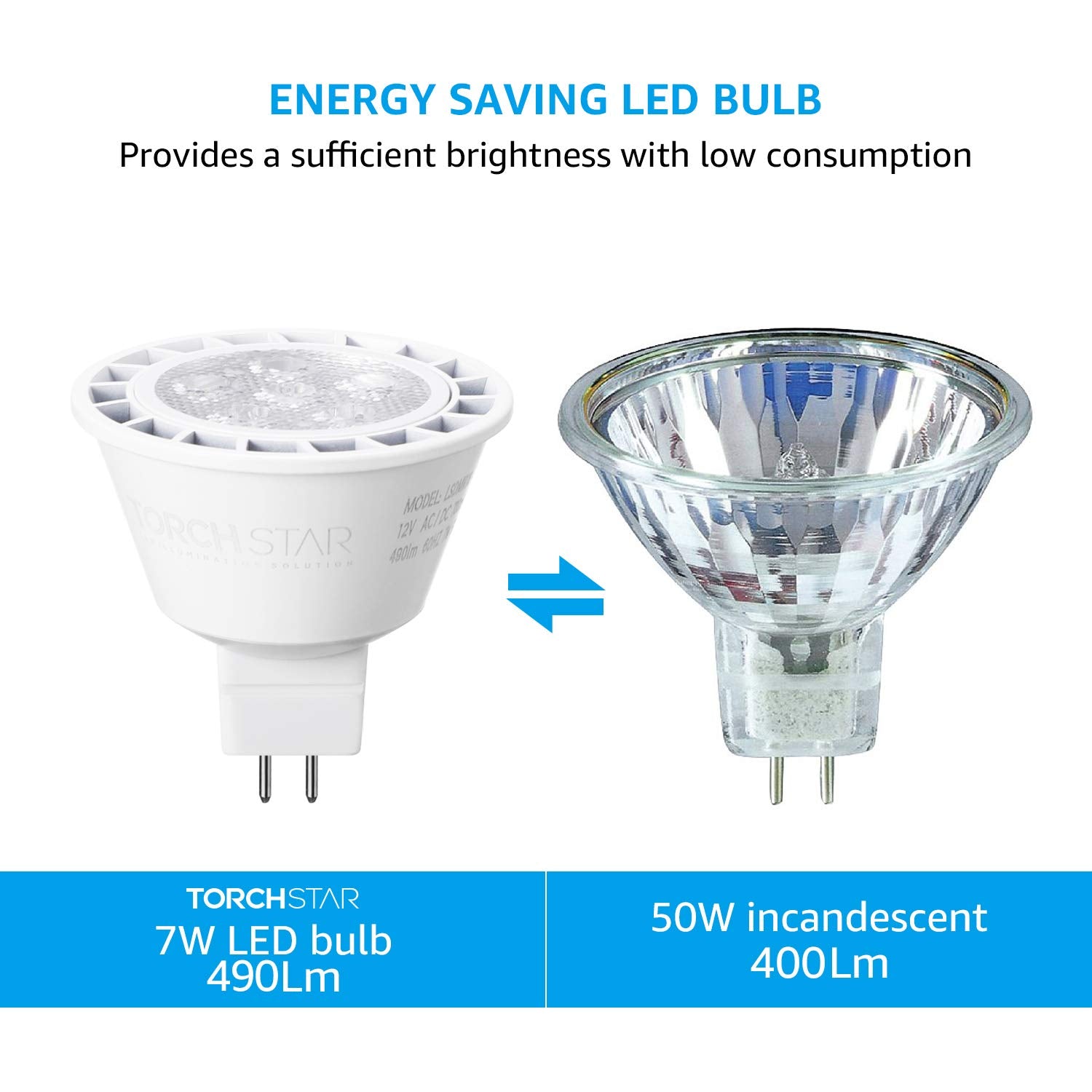 Torchstar Mr16 Led Bulb Dimmable, Aluminum, 12V 7W, Gu5.3 Bi-Pin Base Mr16 Led Spotlight, Ul & Es Listed, Led Mr16 Light Bulbs For Recessed Track Lighting, 3000K Warm White, Pack Of 6