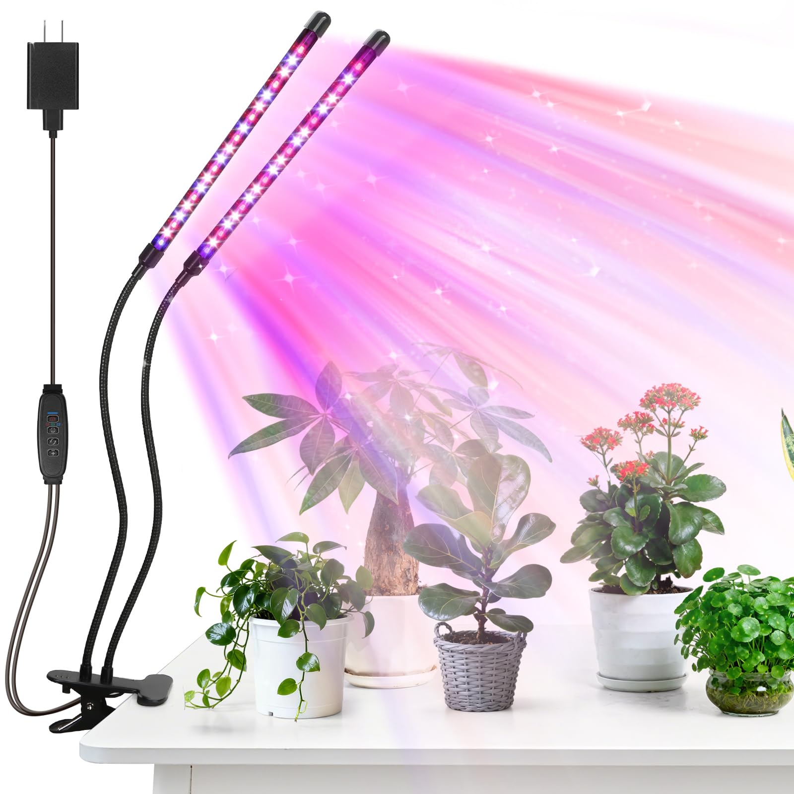 AURAZIGLI led Grow Lights  2 Heads Red Blue Plant Light with Clamp for Indoor Plants & Seed Starting  10-Level Dimmable  Auto On Off  Timing 3 9 12Hrs