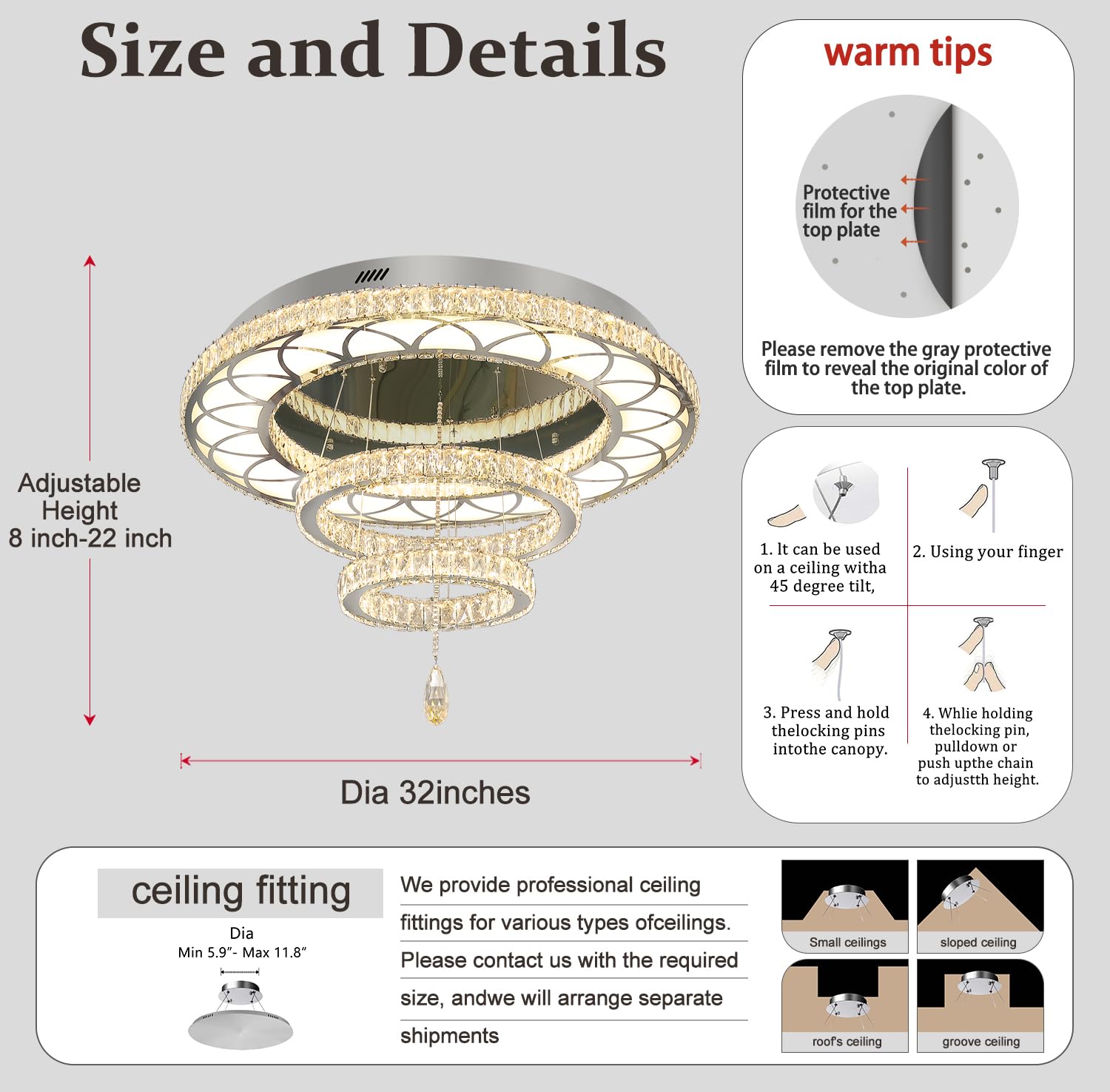 Flashing God 32" Modern Crystal Chandelier LED Flush Mount Light - Silver, Dimmable 2700K/4500K/6000K, Model MMQ0268-1-F