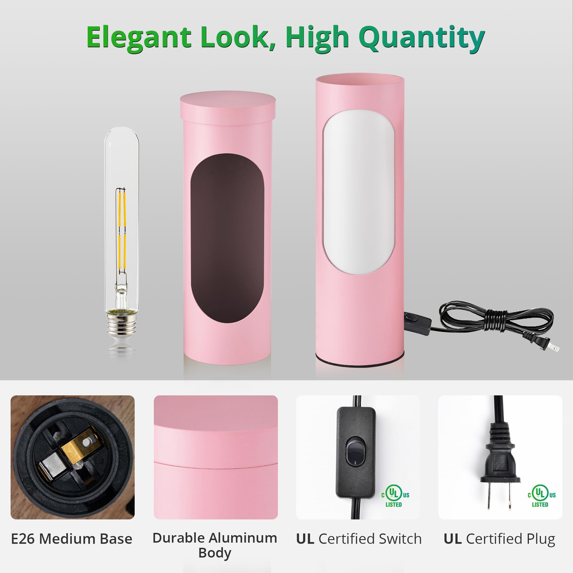 Lediary Pink Shabbos Lamp, 10.5 Table Lamp & Nightlight, Aluminum, T10 Bulb Included, 400Lm, 3000K