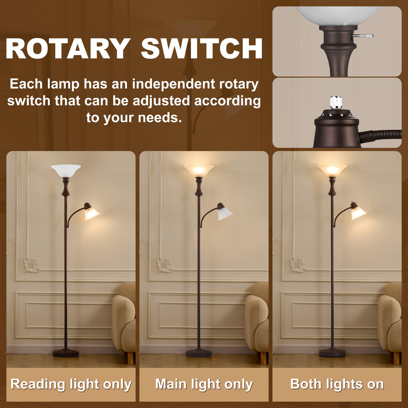 Leasgy 71 Torchiere Floor Lamp For Bedroom With Glass Shade  Tall Floor Lamps For Living Room With Adjustable Angle Arc Reading Light  Modern Standing Light  Knob Switch  Bulb Included  Red Brown