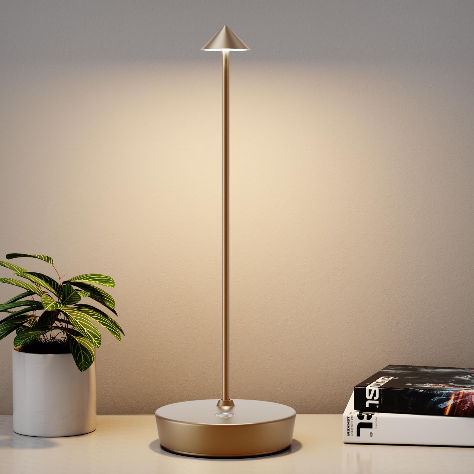 YIBEN Rechargeable Cordless Table Lamp, LED Battery 6000mAh, 3 Brightness Levels, Metal, Titanium, Model X12