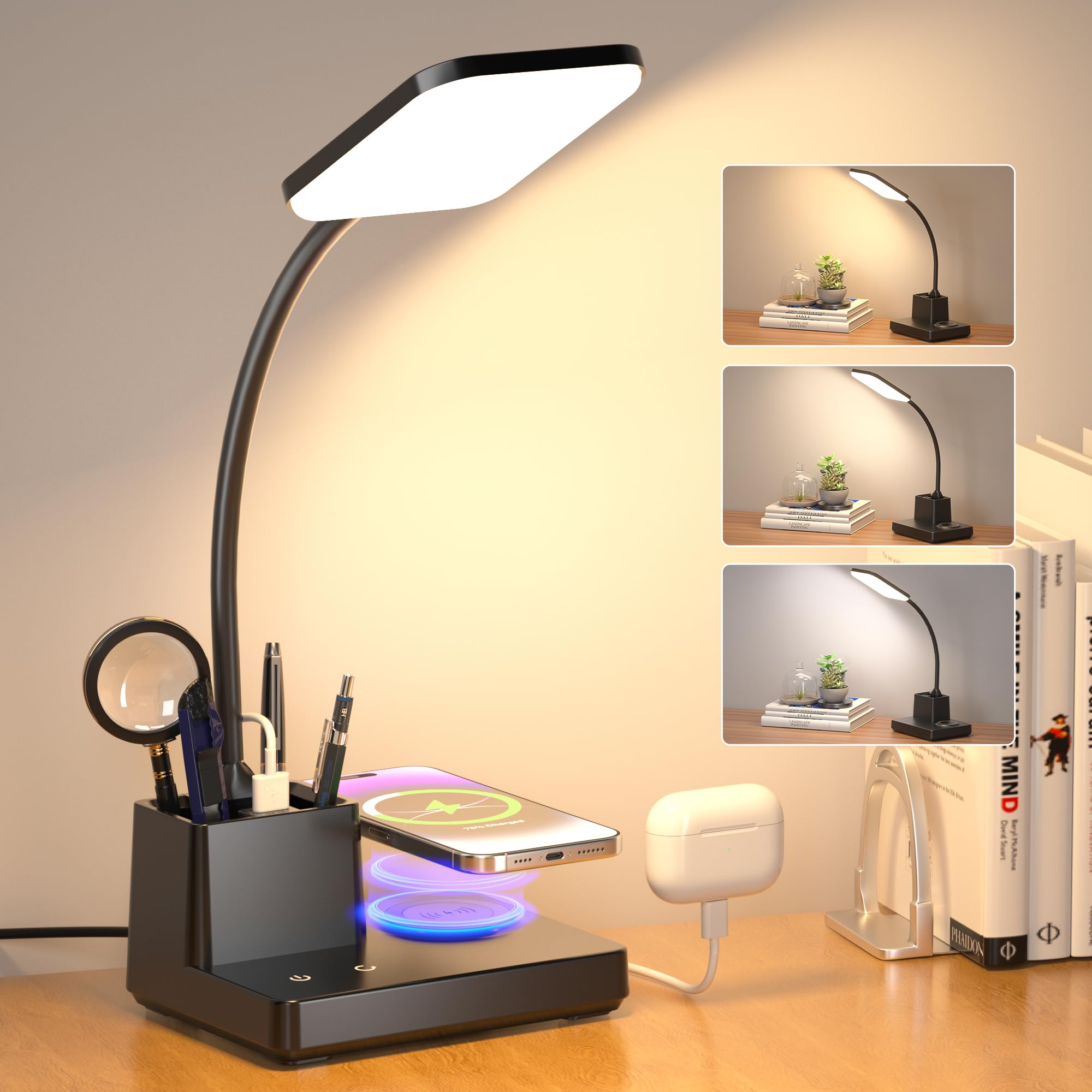 Sailstar Desk Lamp, Table Lamp with Wireless Charger & USB Port, 800LM CRI95 3 Color Modes Dimmable Touch 360Gooseneck Pen Holde
