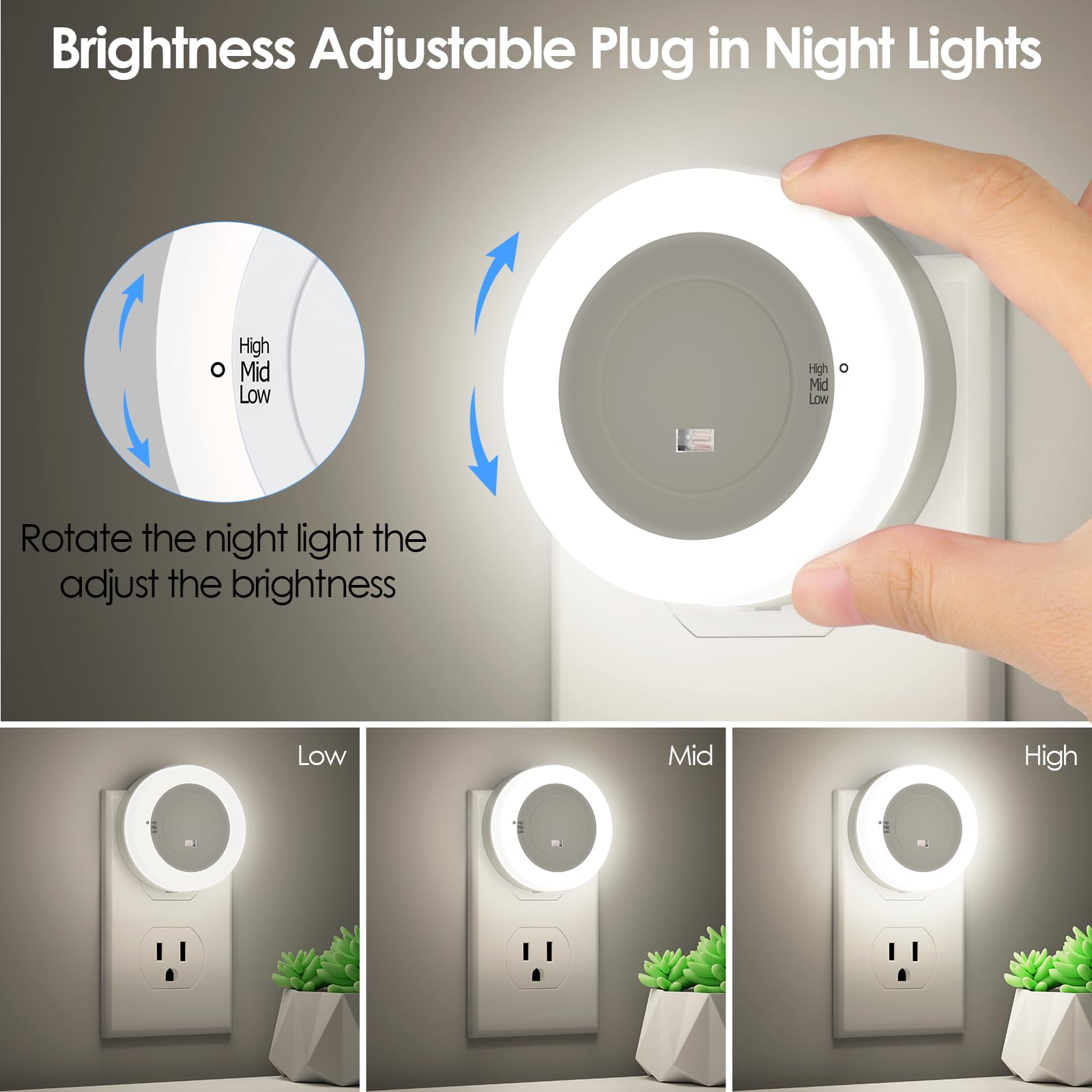 FOLKSMATE LED Night Light, Dimmable Plug-in, Dusk to Dawn Sensor, 2-Pack, White, Model ZLU03159-A