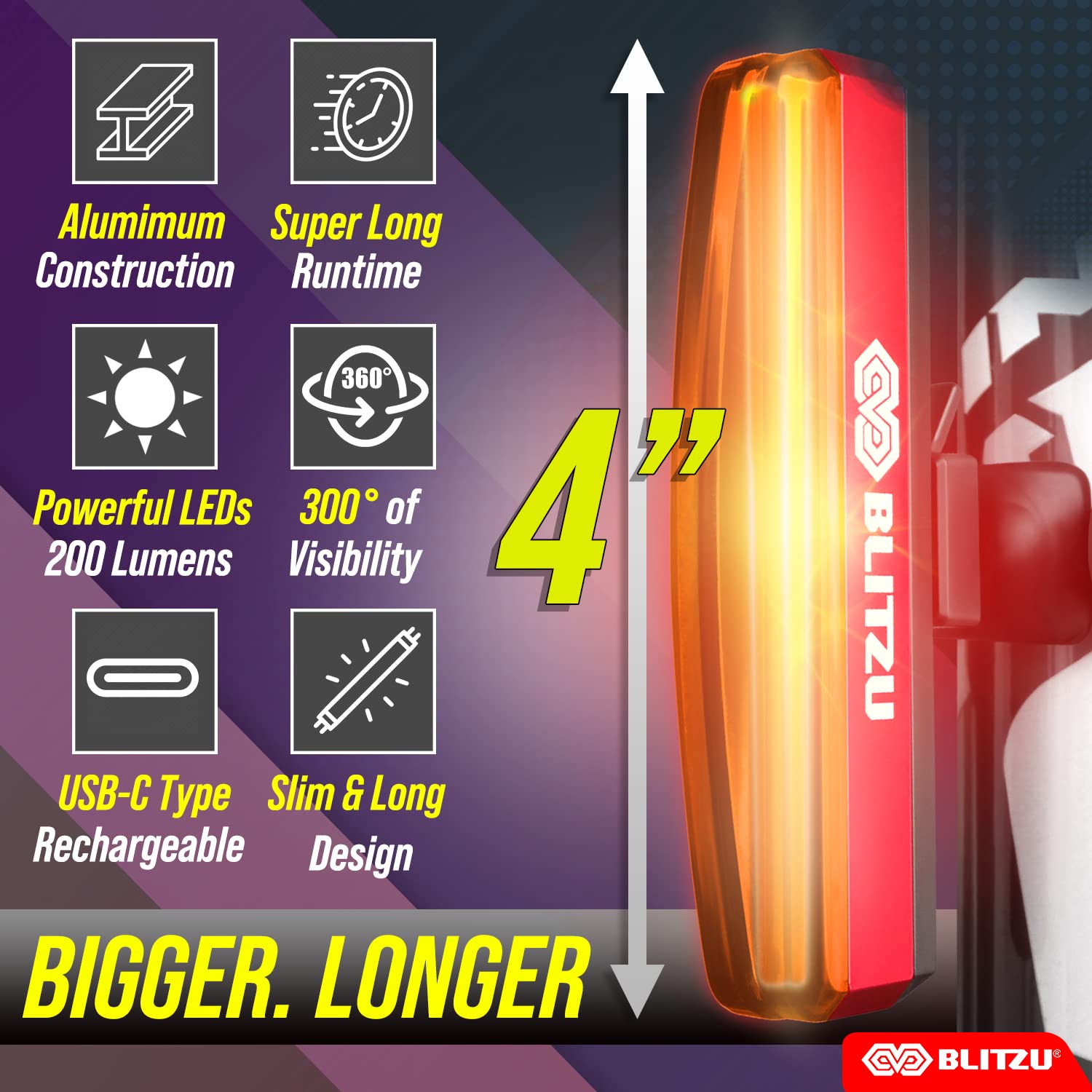 Blitzu 2025 Cyborg 200T Bike Lights Taillight Usb-C Rechargeable Led Rear Bicycle Light For Night Riding, Cycling Safety Reflect