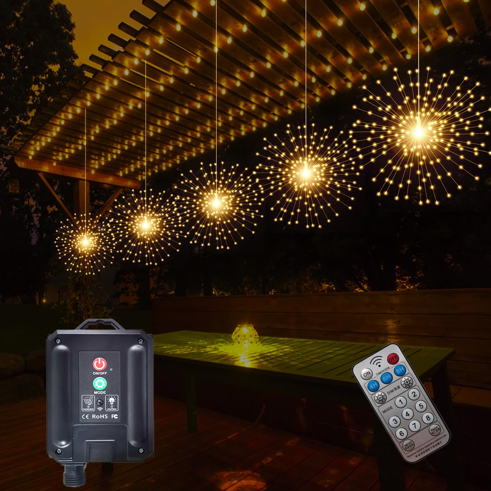 5 Pcs 1000Led Solar Starburst Sphere Lights,Firework Lights Remote Control Timer 8 Modes Dimmable Waterproof Hanging Fairy Lights, Sparkly Lights For Patio Garden Tent Outdoor(Warm White)