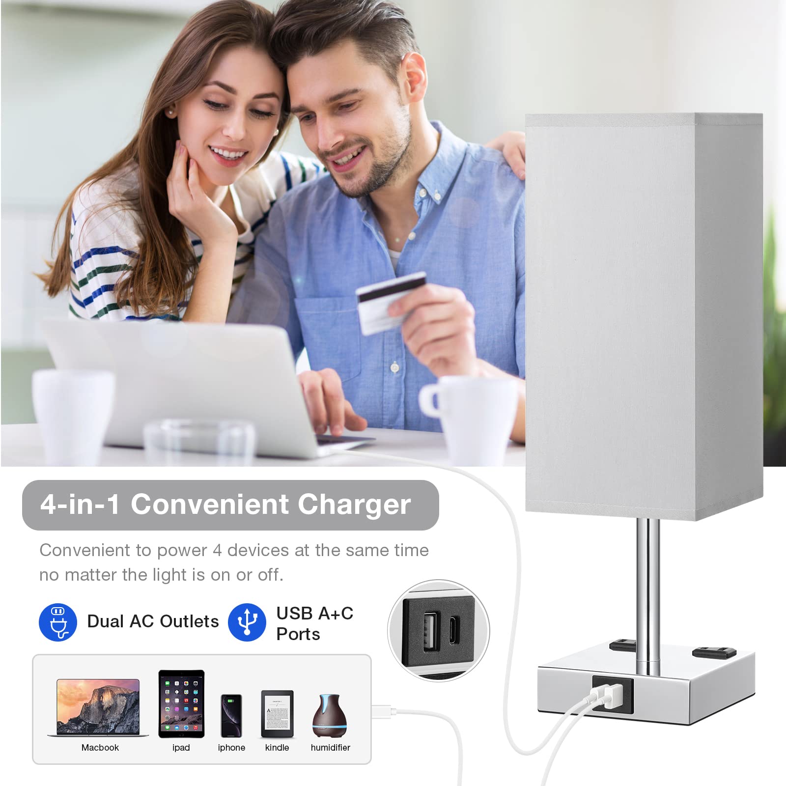 aooshine Bedside Table Lamp Touch Control with USB C+A, Dual AC Outlets, 14in Gray & Silver, Linen Shade, LED Dimmable Bulb Included