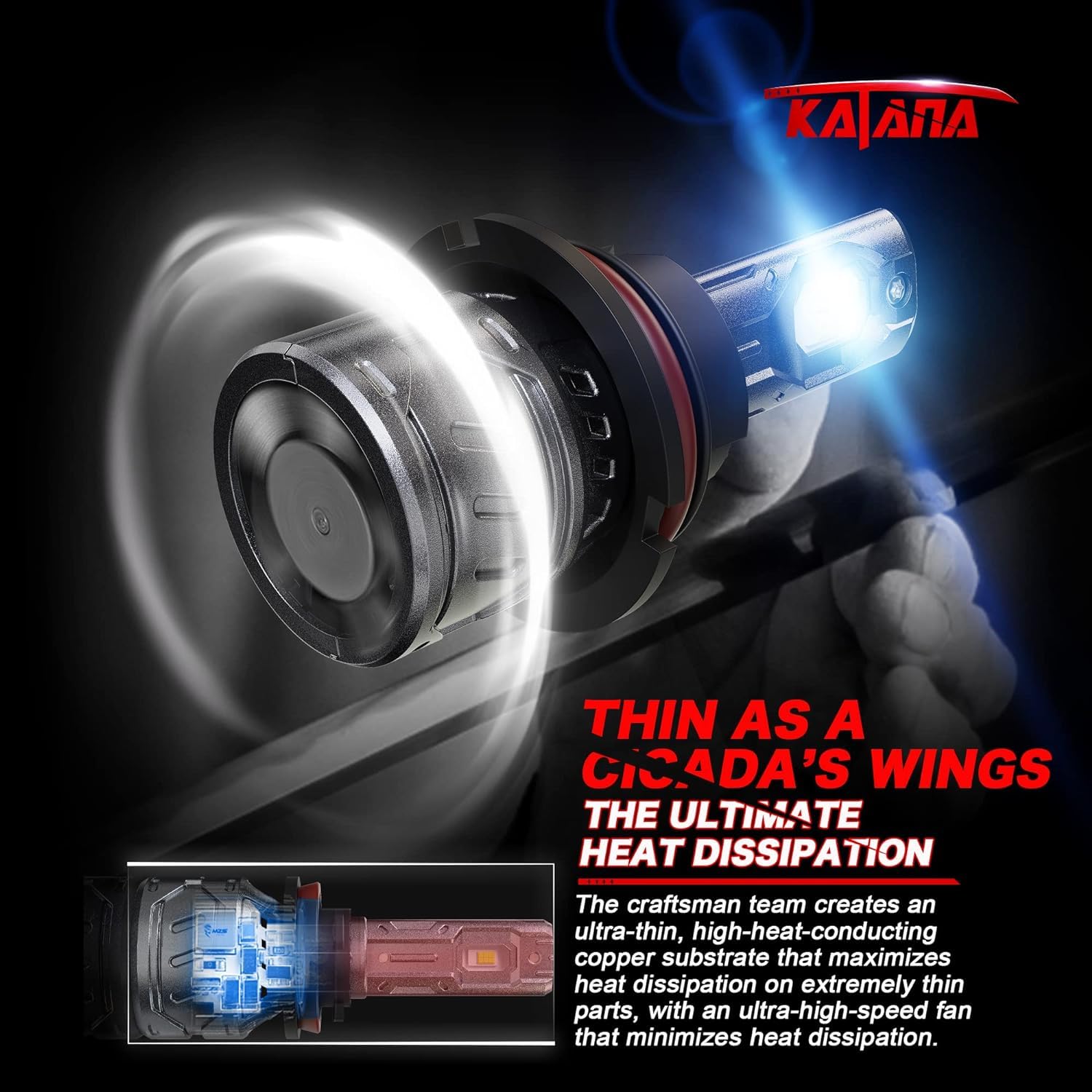 Katana 9007 HB5 Light Bulb - 400% Brightness, 6500K White, Mini Size Fog Light Bulb (2-Pack)