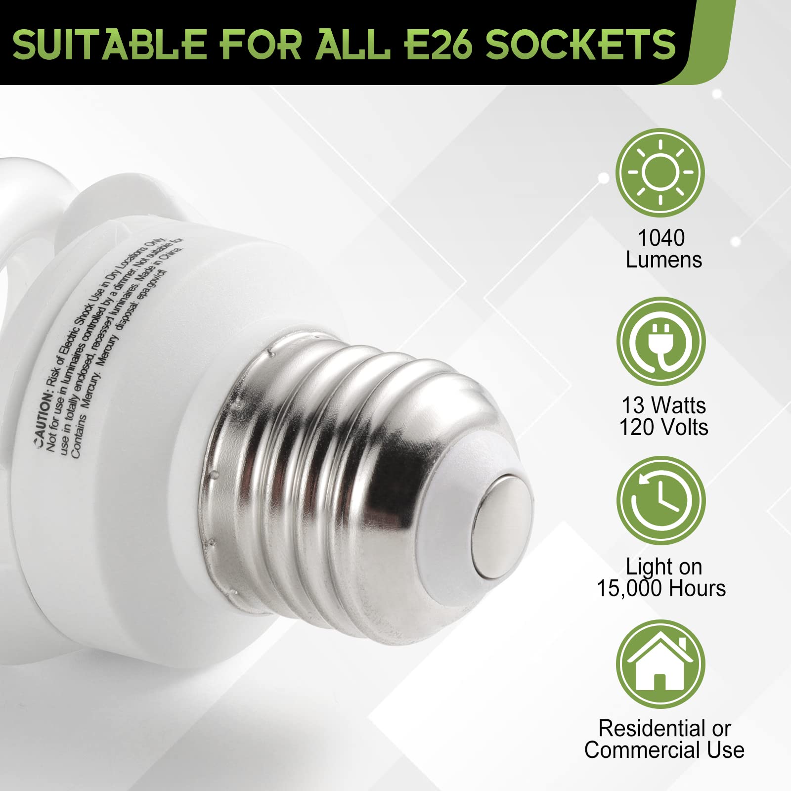 Unitedlux E26 Spiral Cfl Light Bulbs Medium Base 13Watt (60Watt Equivalent) Soft White 2700K, 1040Lm Non-Dimmable Compact Fluore