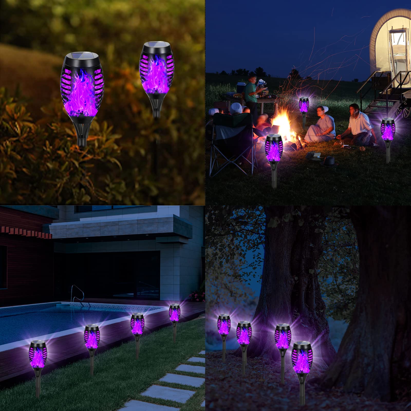 Aounq Solar Lights Outdoor Waterproof Purple, 4 Pack Solar Torch Lights Outdoor With Flickering Flame, Outdoor Solar Lights For Yard Landscape Decoration Tiki Torches For Outside Garden Pathway