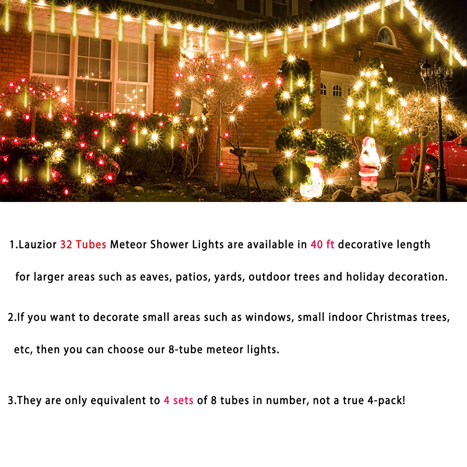 Lauzior Christmas Lights Outdoors  32 Tubes Meteor Shower Rain Lights - Lcicle Christmas Light Outdoor For Xmas Tree Wedding Party Holiday House Yard Decor  Warmwhite