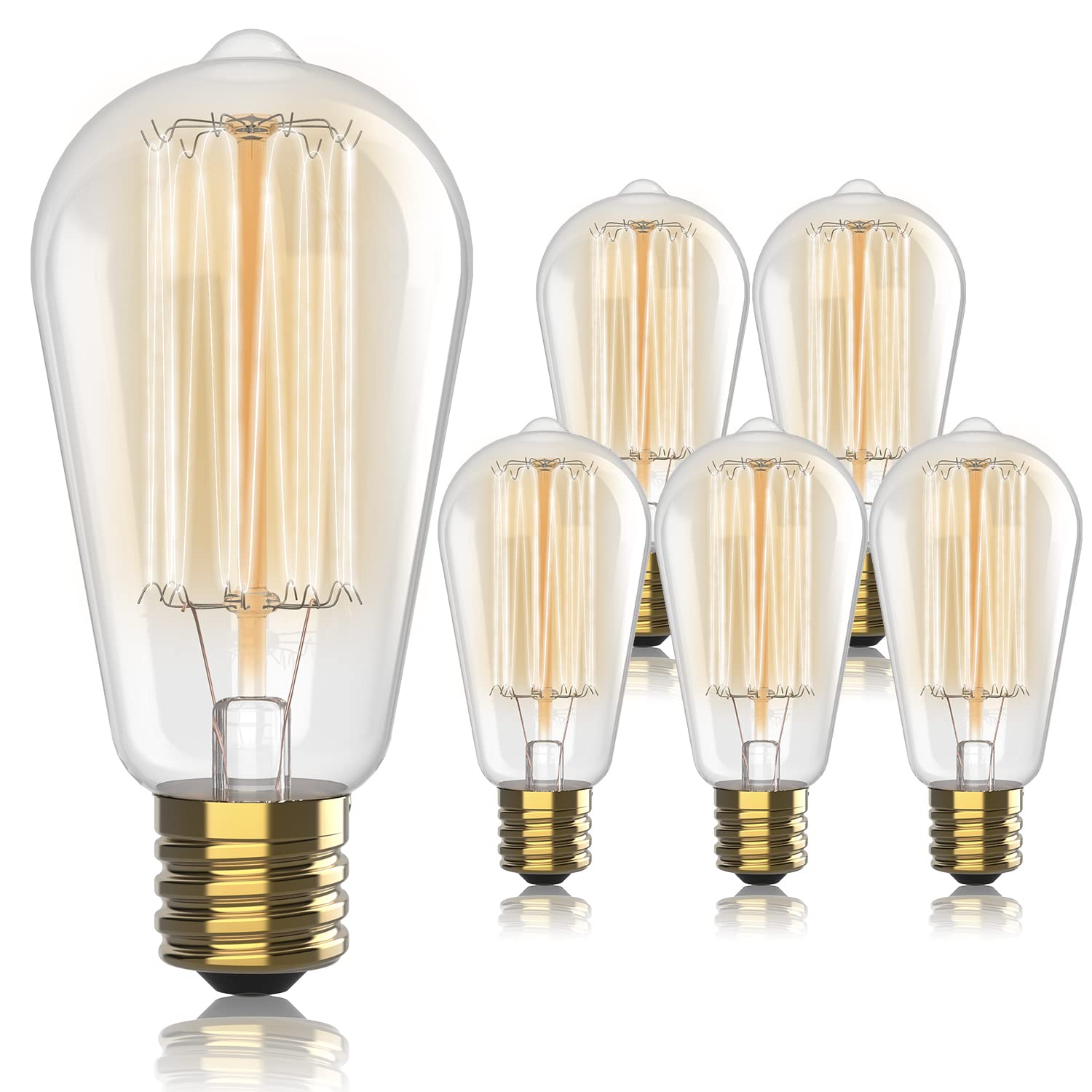 Vintage Edison Incandescent Light Bulbs - 6-Pack 60W, E26/E27, Dimmable 2100K Antique Filament Lamp - St64 Squirrel Design For I
