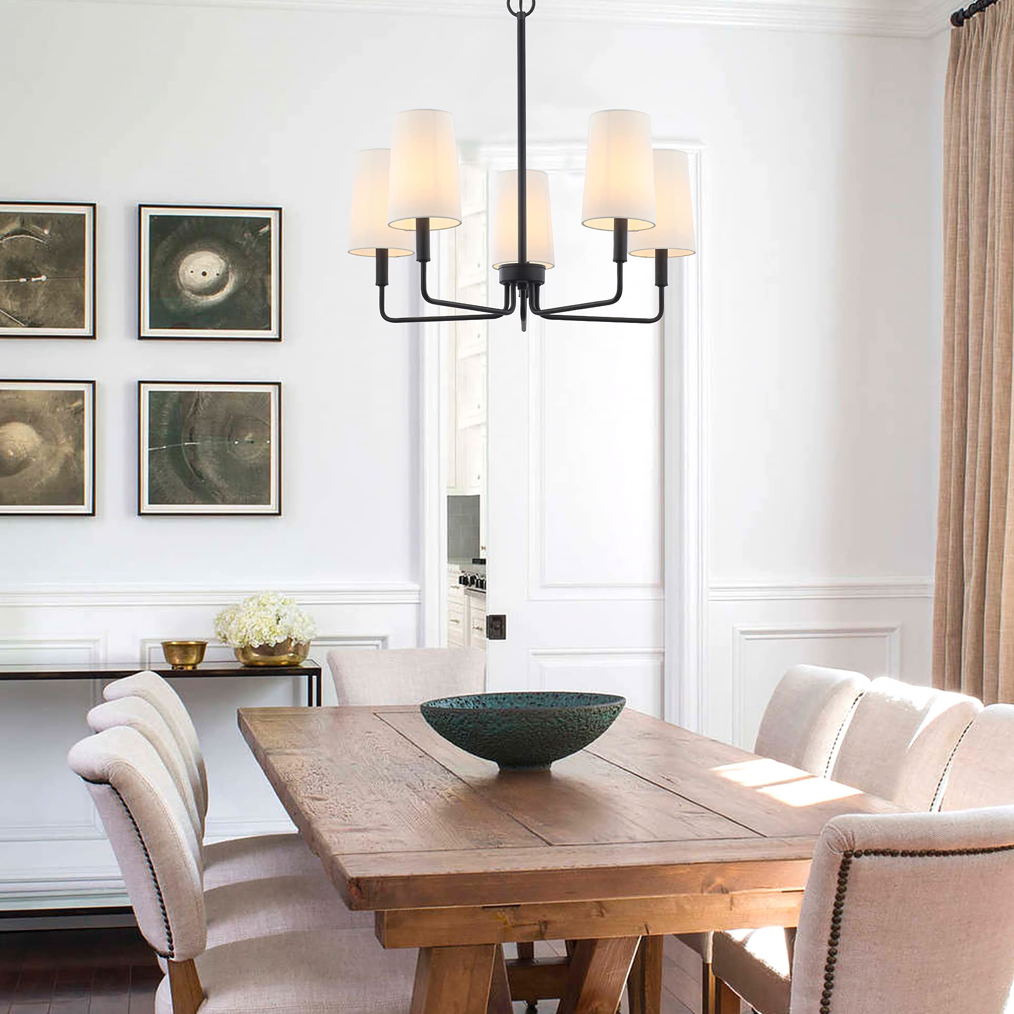 Homebelife Matte Black Chandelier - 5-Light Farmhouse Island Lighting Fixture with White Fabric Shades, Model HBL014
