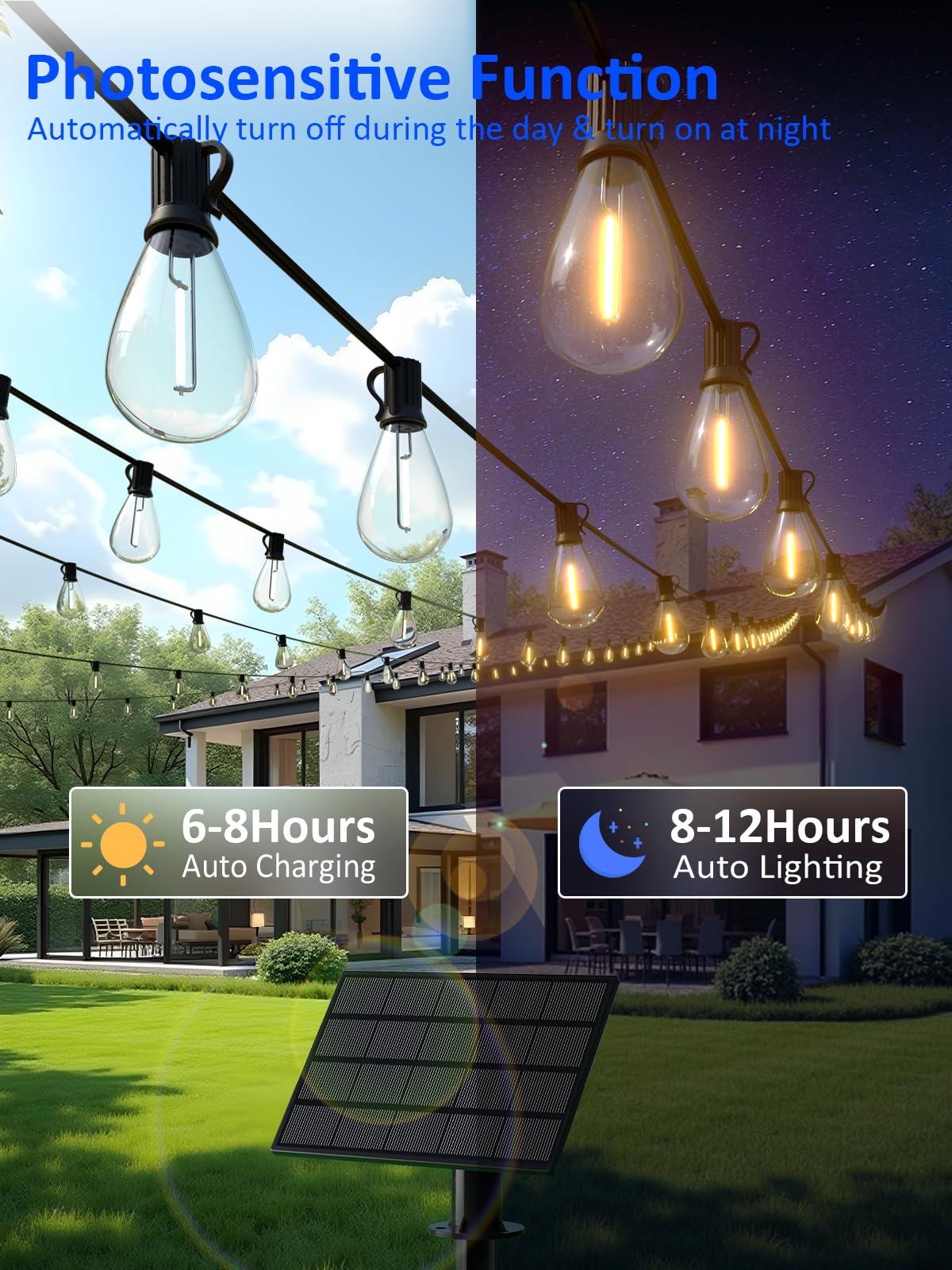 luckystyle Solar String Lights 50FT Waterproof 18+1 LED Bulbs Commercial Grade Black LK-S11-050