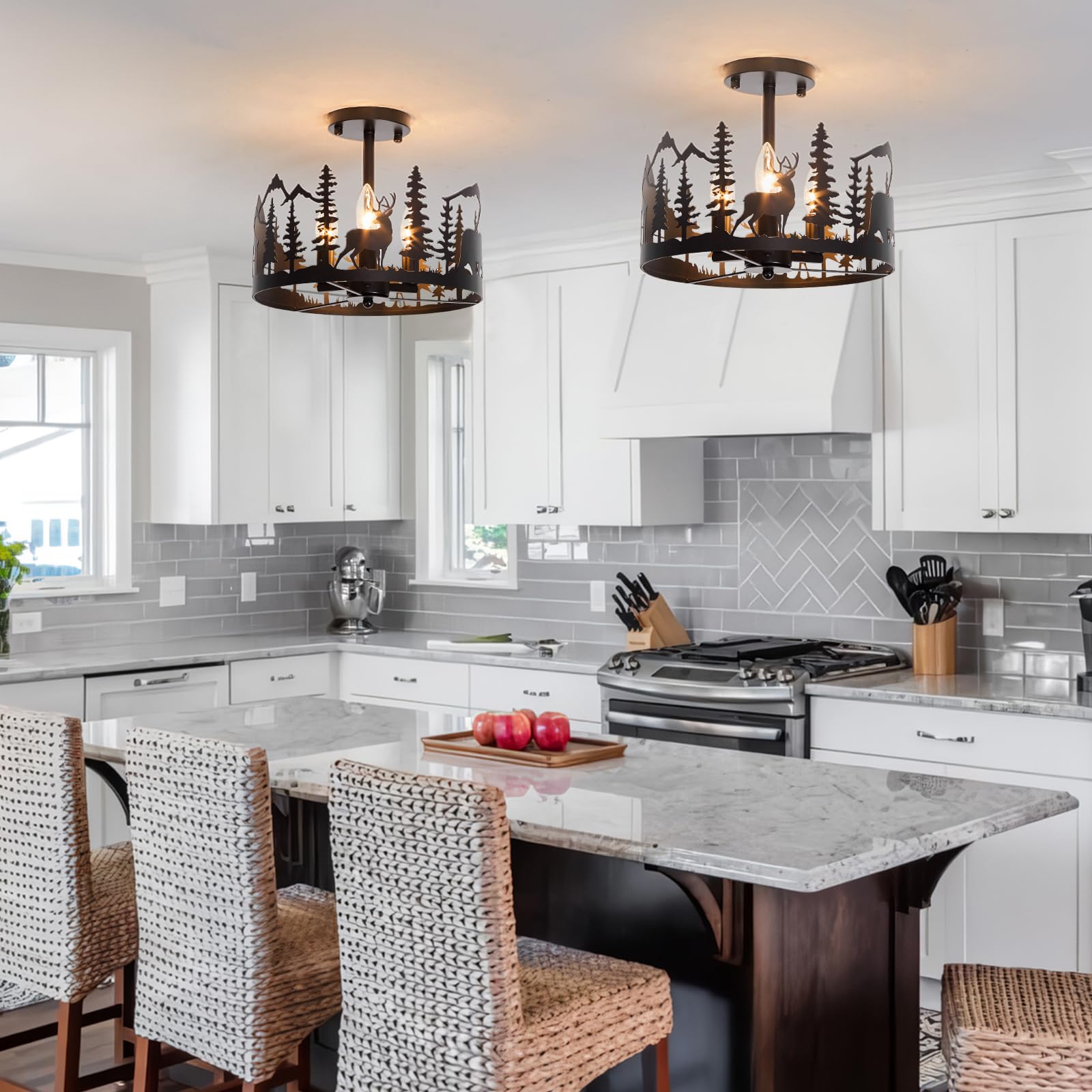 Monaxon Rustic Farmhouse 3-Light Semi-Flush Mount Ceiling Light, Black Metal, Industrial Style