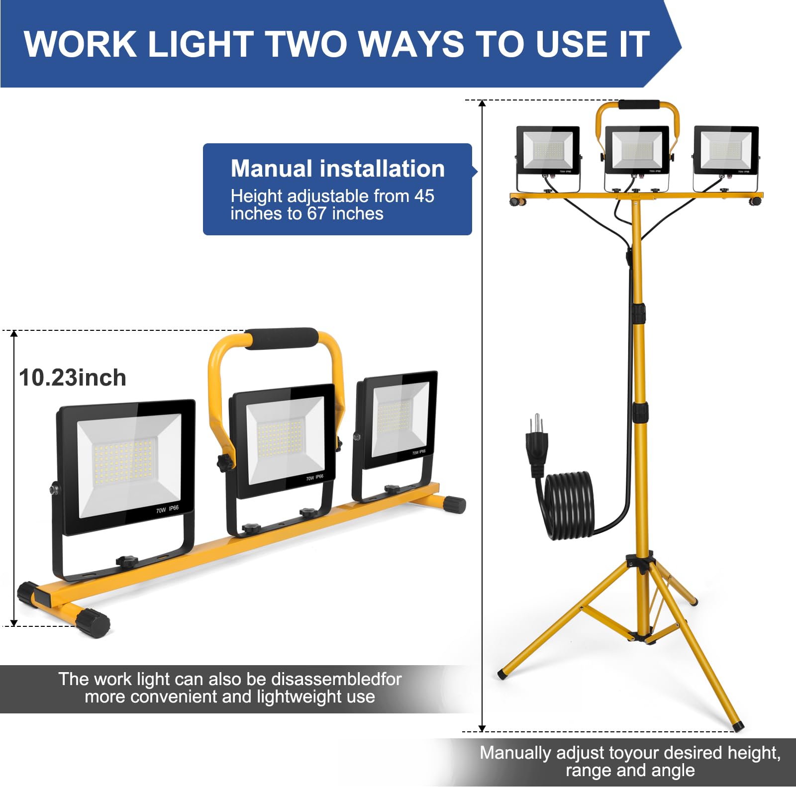 Jdzkomke 21000Lumens Led Work Lights With Stand, 3 Adjustable Work Lamp Head With Individual Switch, Ip66 Waterproof Tripod Work