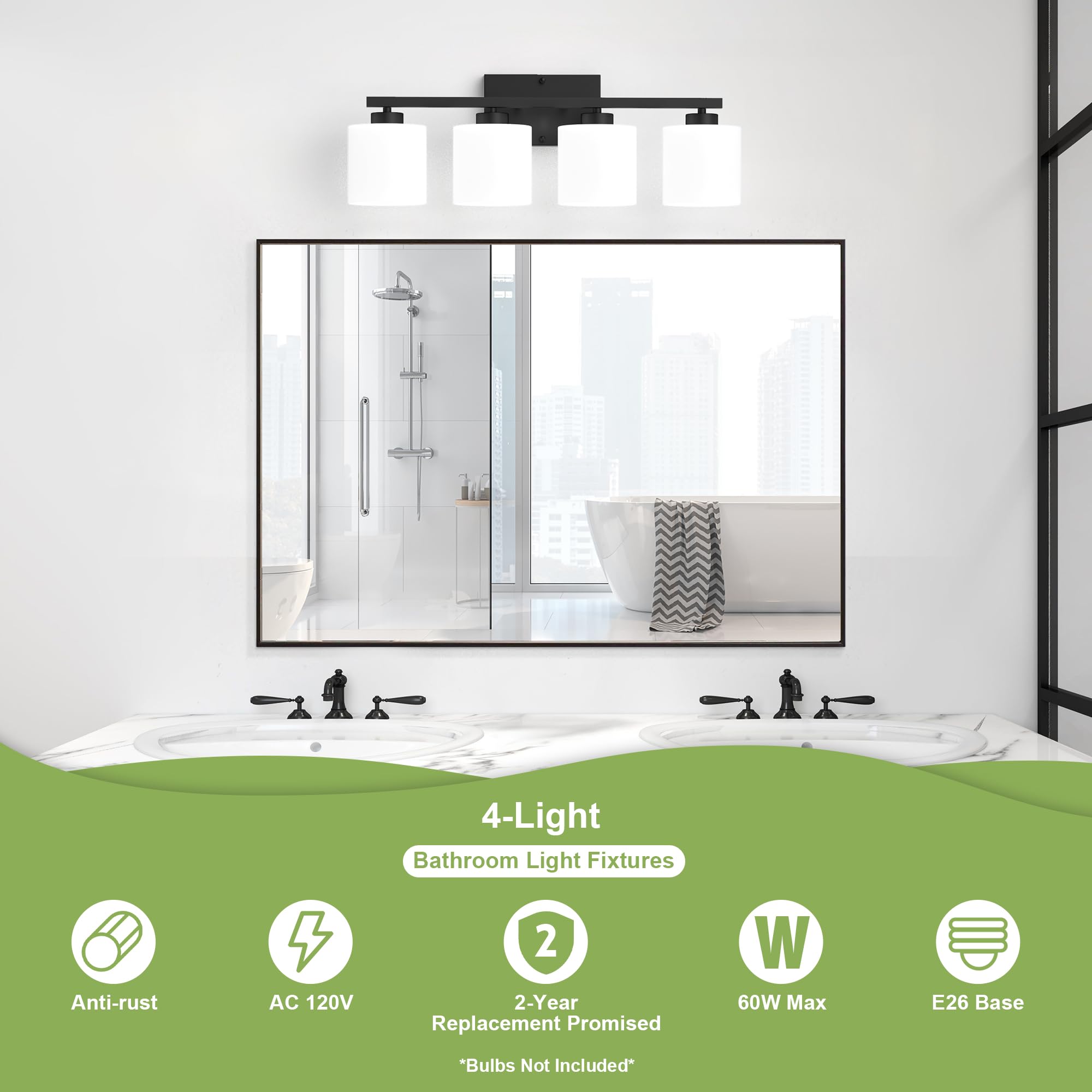 Honesorn 4-Light Bathroom Vanity Light Fixture, Matte Black, Frosted Glass Shade, Model TK-JQD-MS-B-4, Anti-Rust Nickel Finish