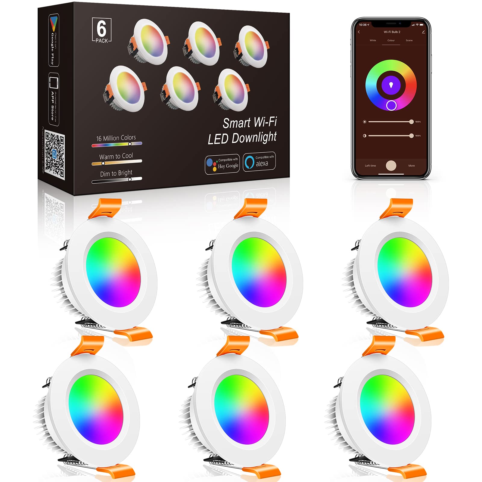 inShareplus 6 Pack 2 Inch Smart Recessed Lighting, WiFi LED Downlight 5W 120V, Dimmable RGBCW 2700-6500K Color Changing, Compati