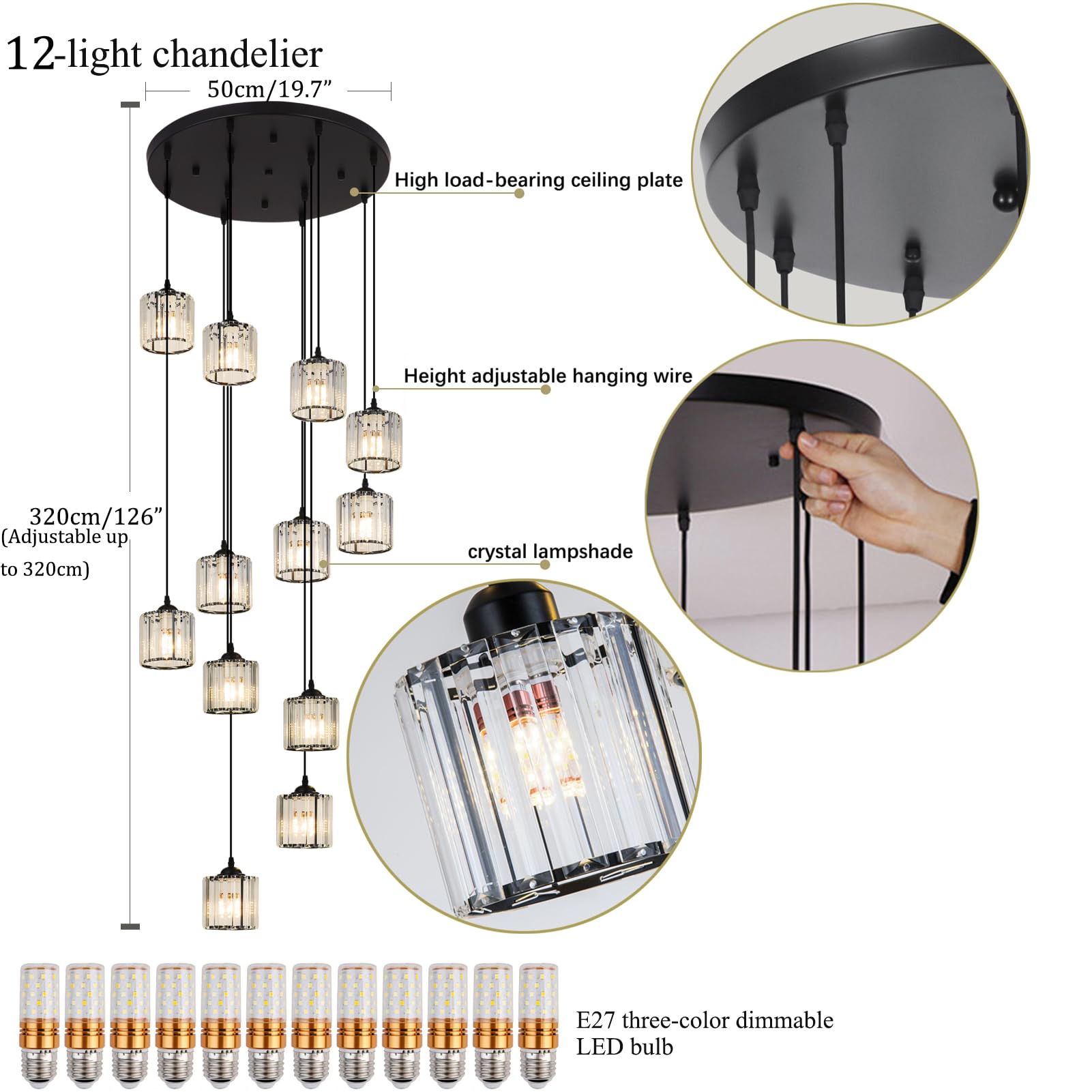 Meimond Modern Crystal Pendant Light - Long Chandeliers, 12 Lights, Black Metal, Clear Crystal Shade for High Ceilings, Foyer, Living Room