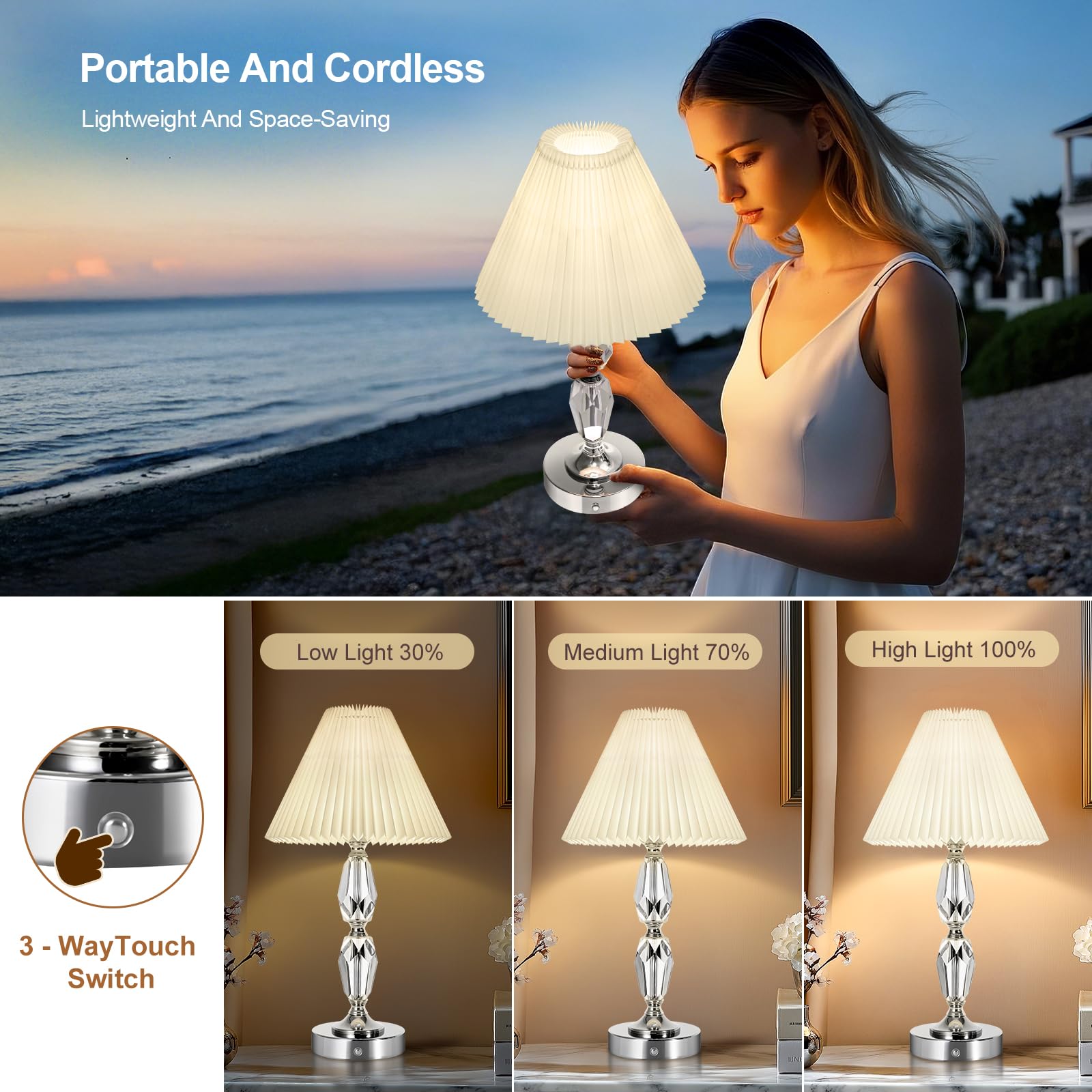 Rechargeable Table Lamp With Touch Dimmer,Acrylic Cordless Lamp With 4400Mah Battery Operated,3-Level Brightness,Pleated Linen F