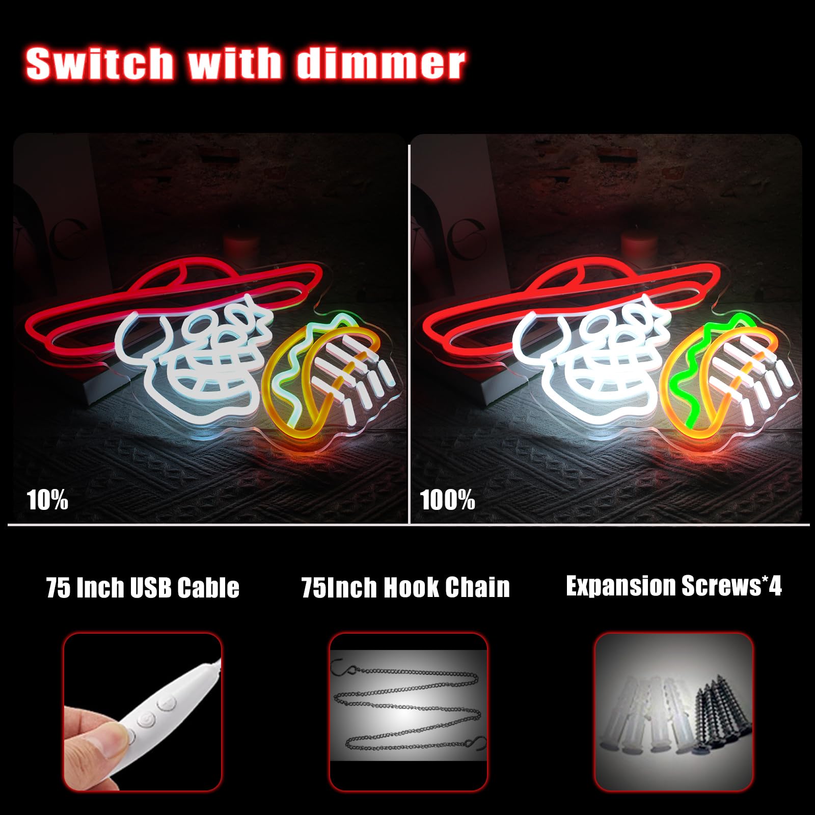LeDigPig Neon Sign, Tacos Skull LED Light, Red, Wall Decor for Man Cave, Party, Club, Model StaryLightz-Tacos Skull