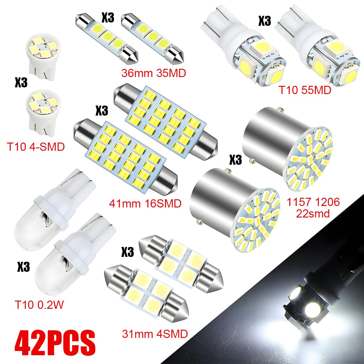 Auceli 42 Pcs Car Led Bulbs, Auto Interior Light Kit Set, Super Bright T10 31 Mm 36 Mm 41 Mm Replacement Bulb, Indoor Dome Map License Trunk License Plate White Lights