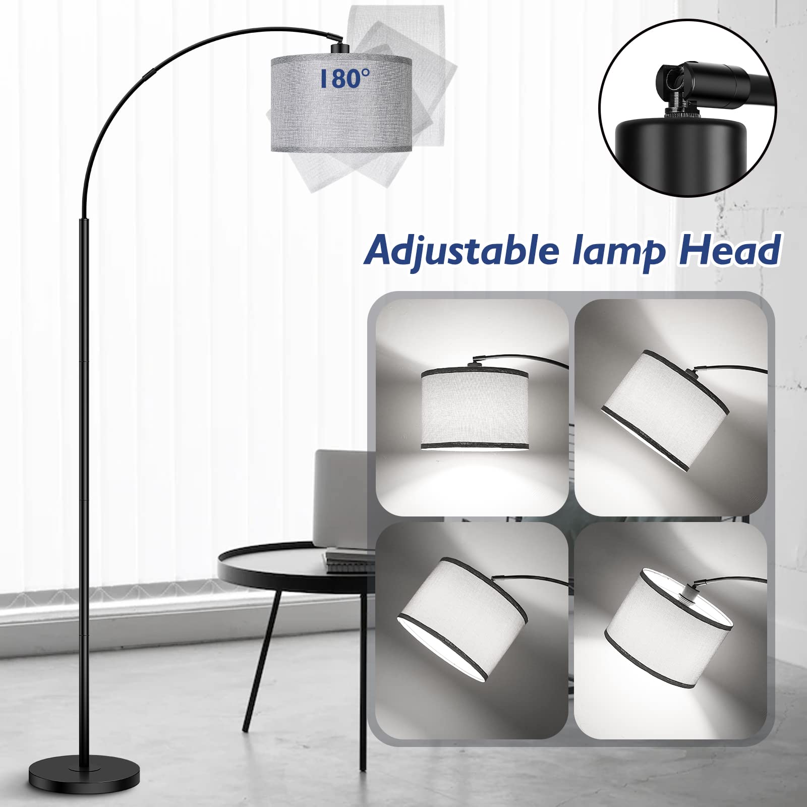 Arc Floor Lamps For Living Room, Modern Remote Control Standing Lamp With Stepless Dimmable, Black Tall Lamp With Gary Drum Shad